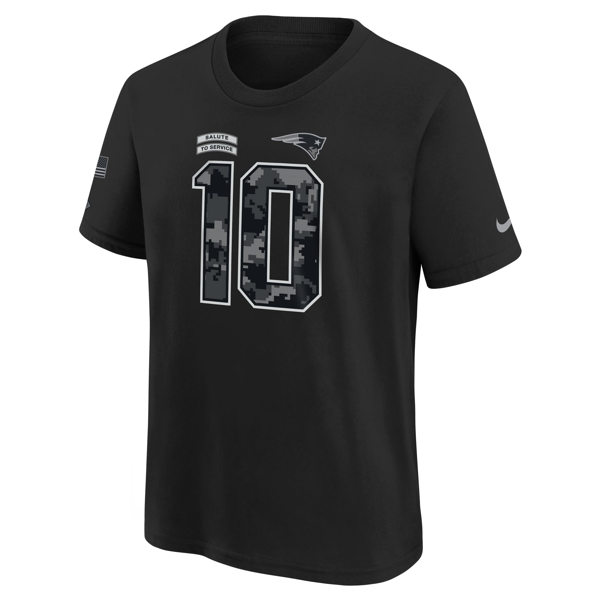 T-shirt Nike Drake Maye noir pour enfant, New England Patriots 2026, hommage au service militaire, nom et numéro