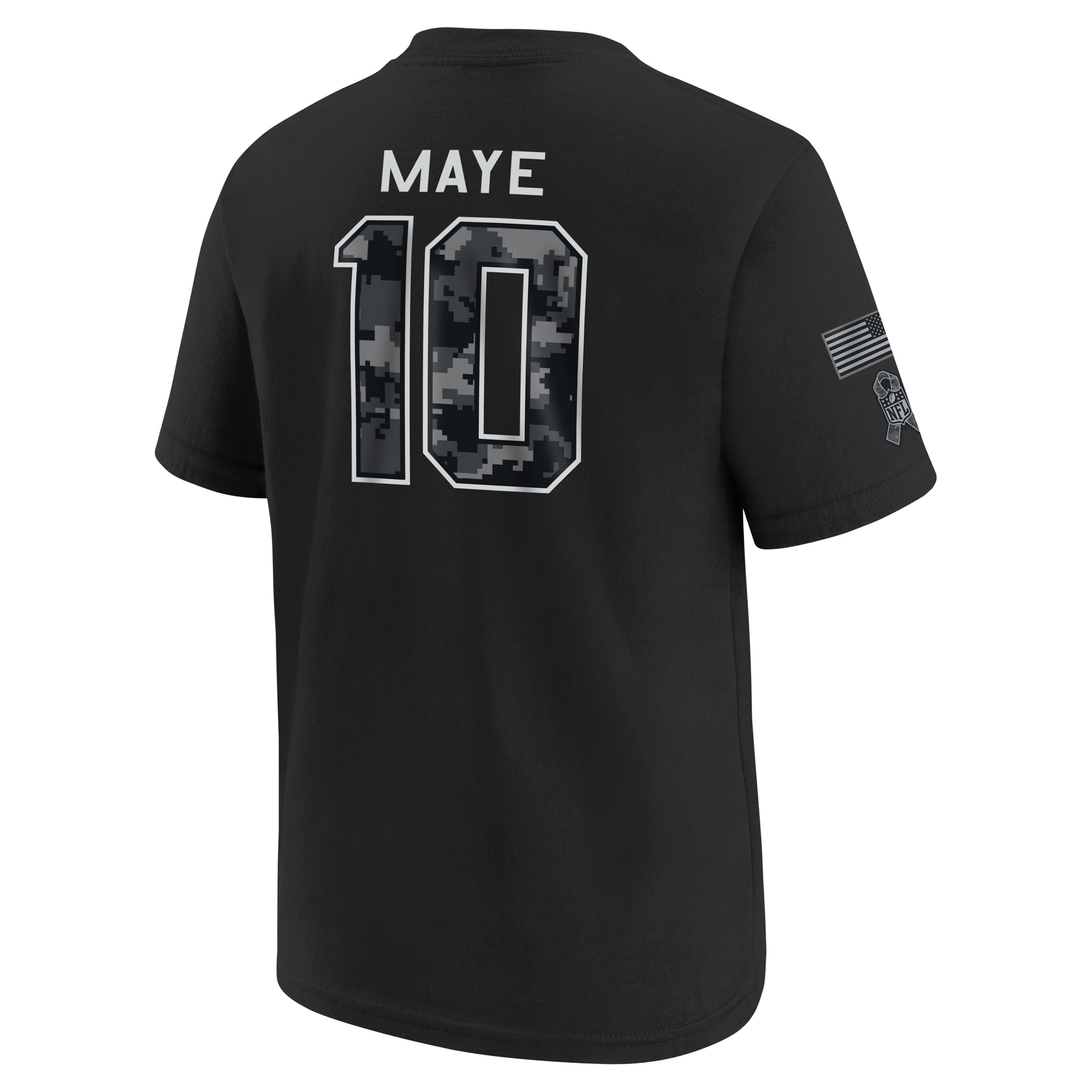 T-shirt Nike Drake Maye noir pour enfant, New England Patriots 2026, hommage au service militaire, nom et numéro