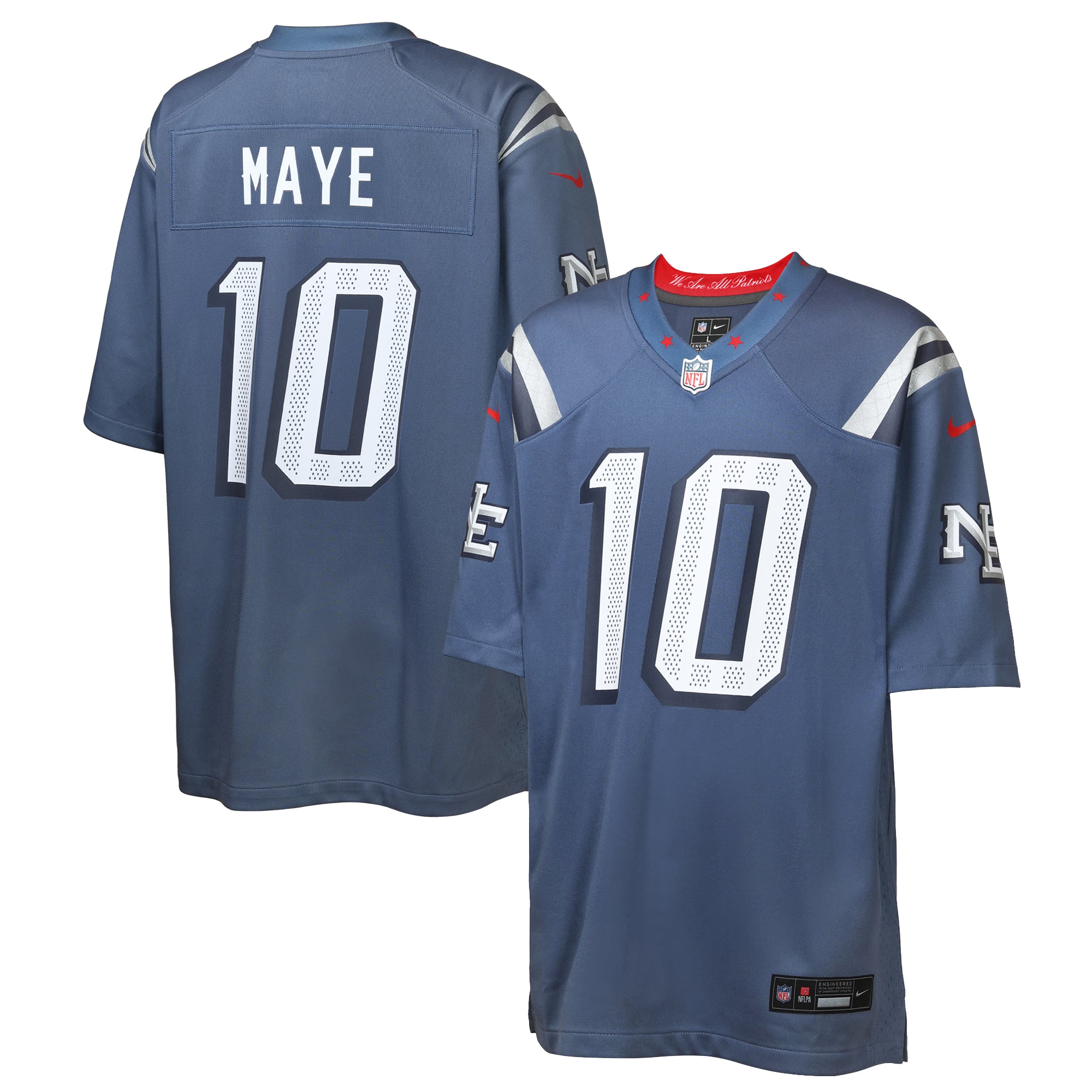 Maillot de match Nike Drake Maye bleu New England Patriots Rivalries Collection pour jeunes