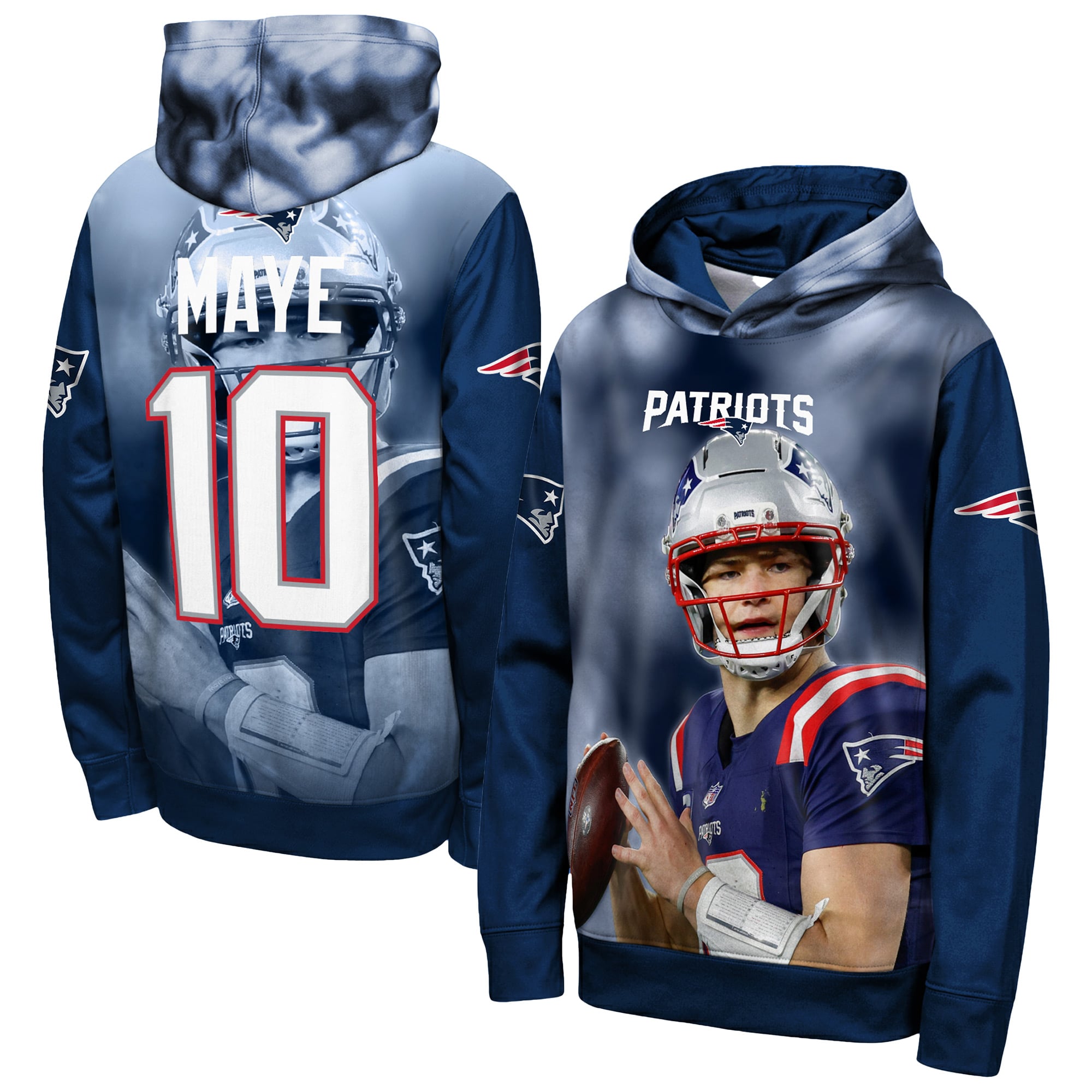 Youth Outerstuff Drake Maye Navy New England Patriots Peak Performance Name & Number Hoodie