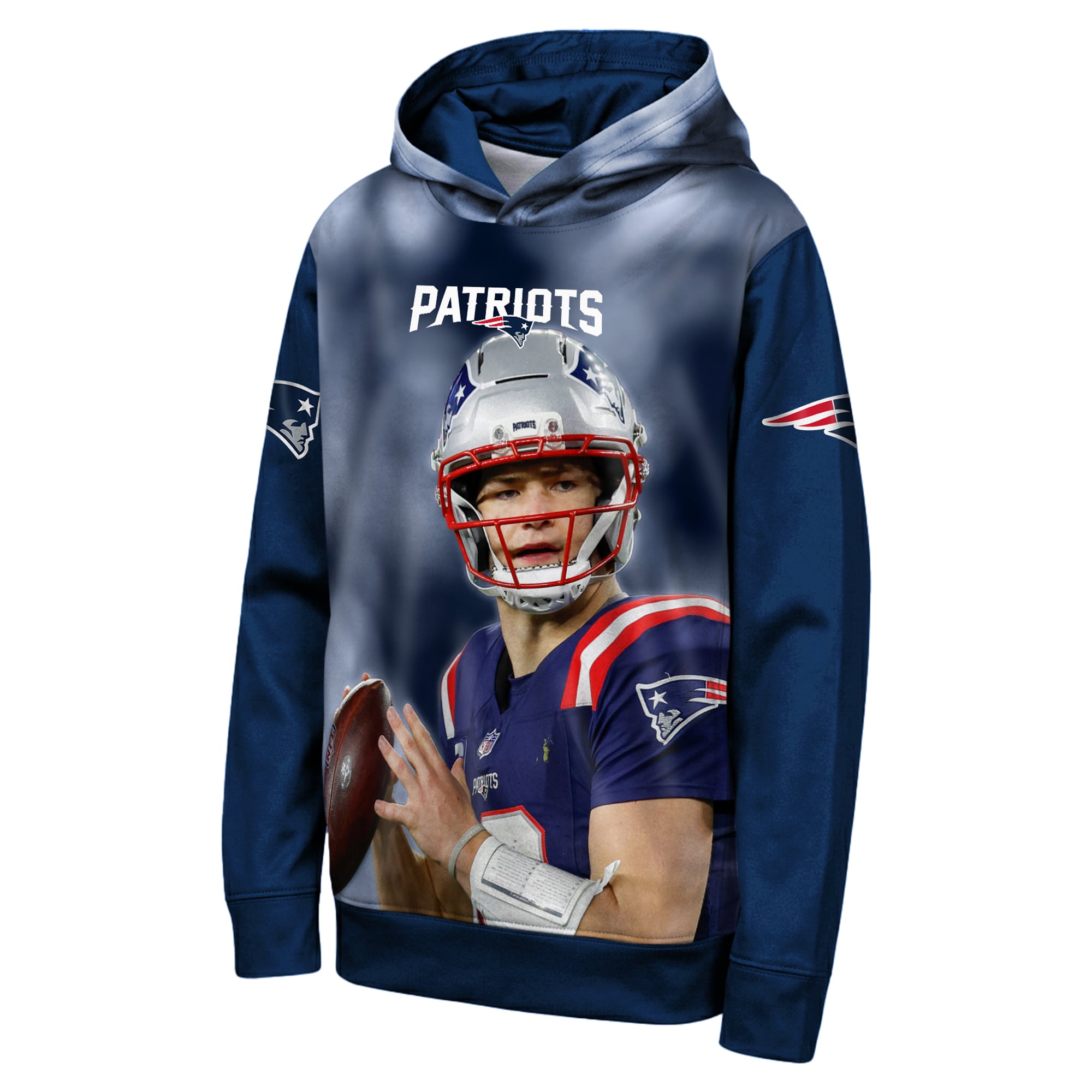 Youth Outerstuff Drake Maye Navy New England Patriots Peak Performance Name & Number Hoodie
