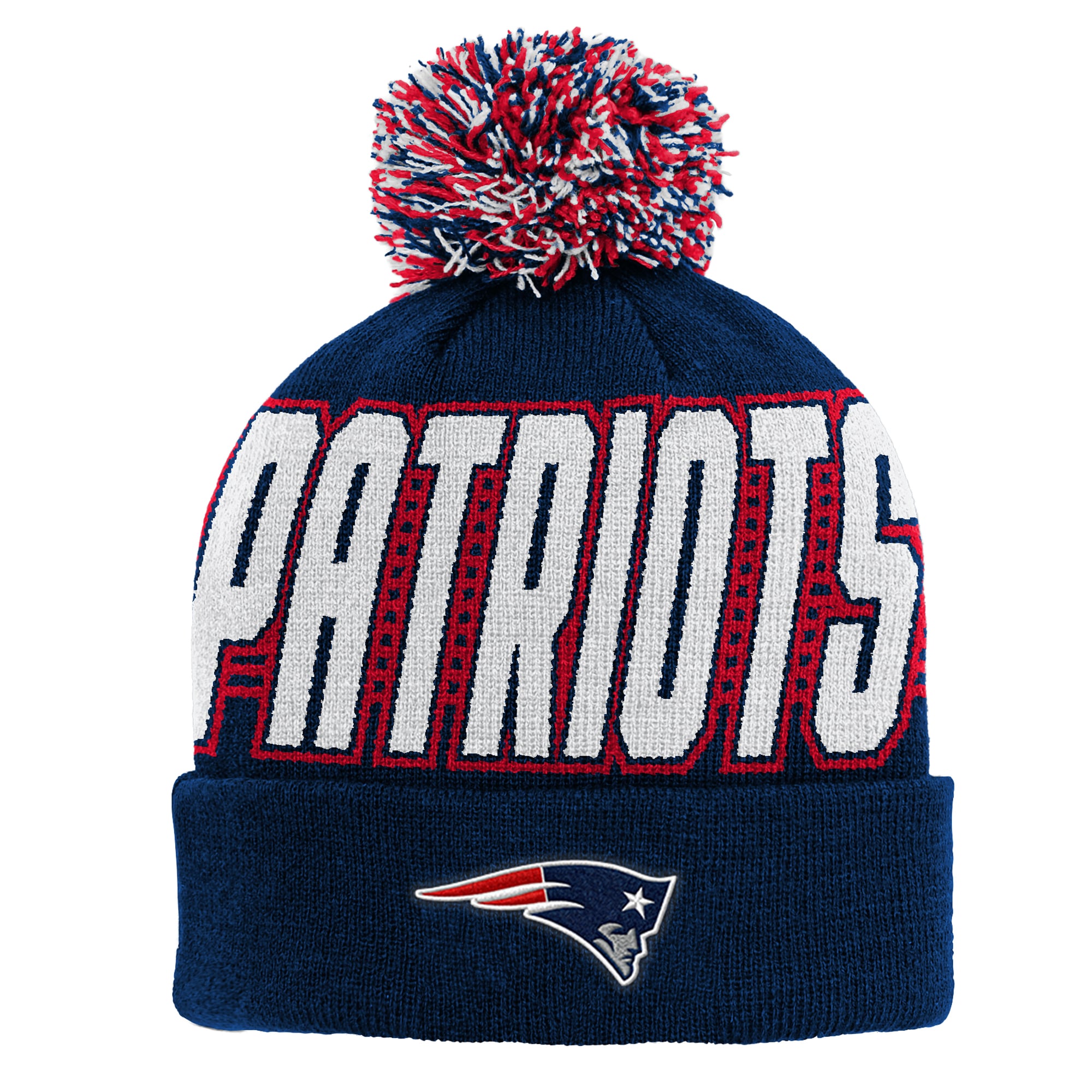 Bonnet tricoté à revers bleu marine New England Patriots pour enfant, avec pompon