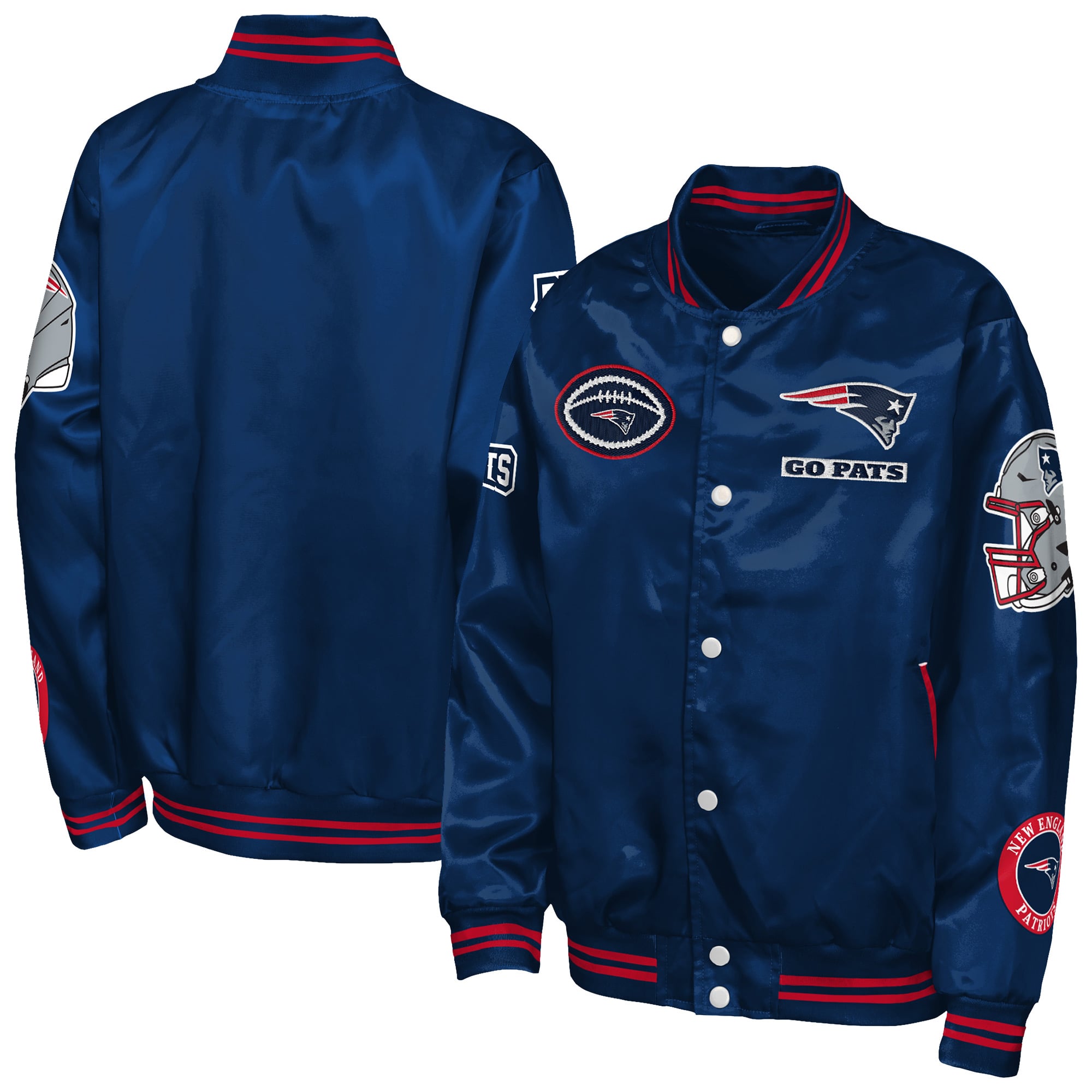 Veste universitaire Youth Outerstuff Navy New England Patriots Grid Runner en satin avec écusson