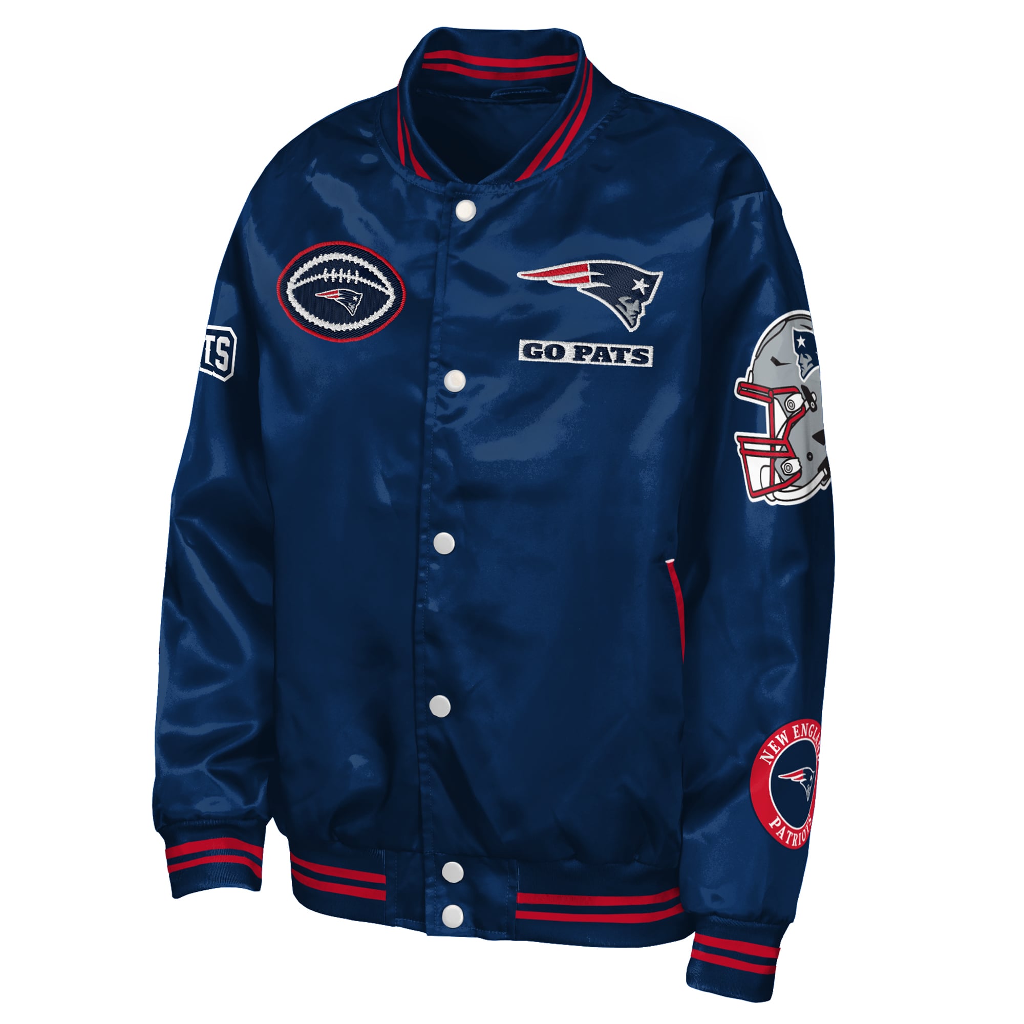 Veste universitaire Youth Outerstuff Navy New England Patriots Grid Runner en satin avec écusson