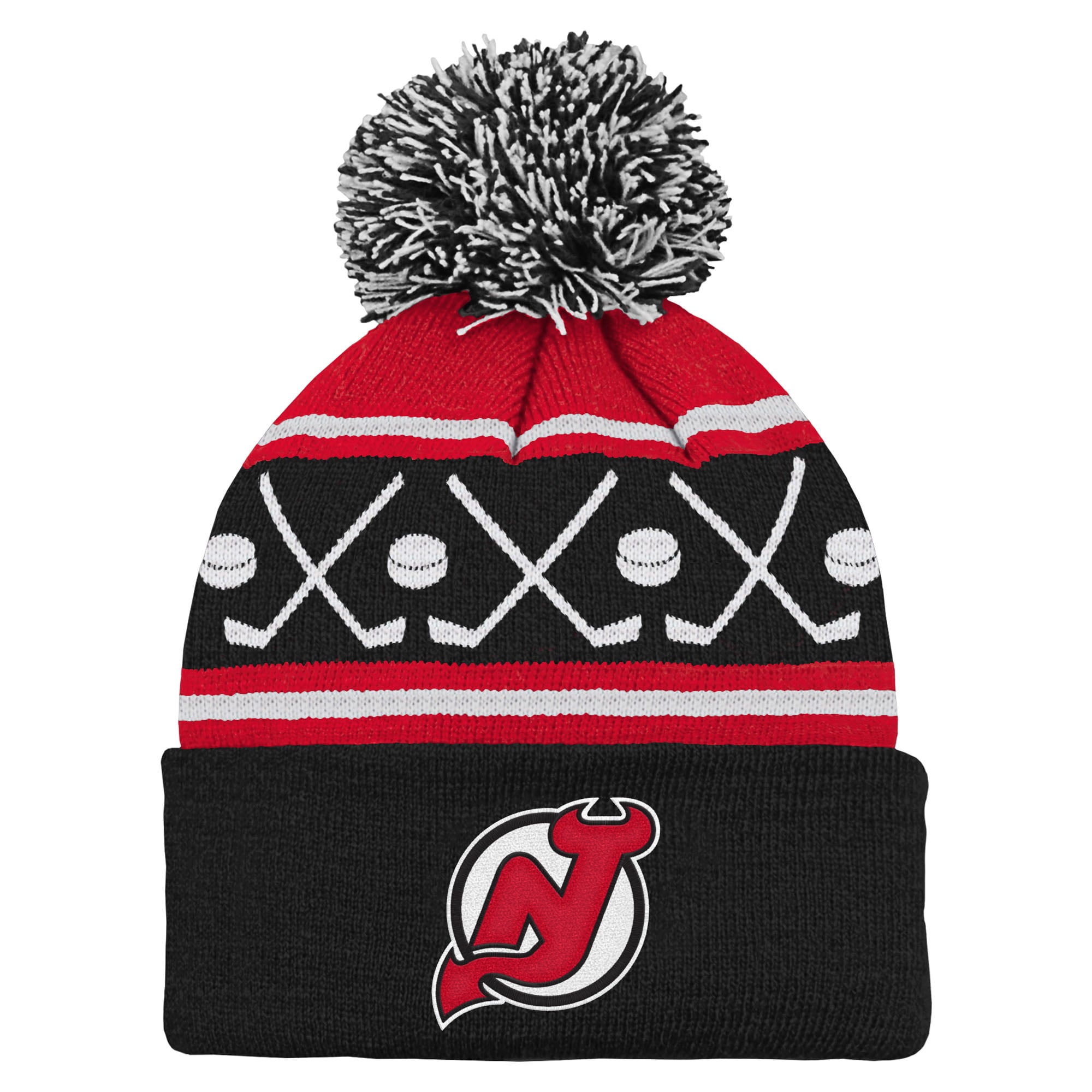 Bonnet tricoté à revers et pompon pour bébé avec motif New Jersey Devils Face-Off