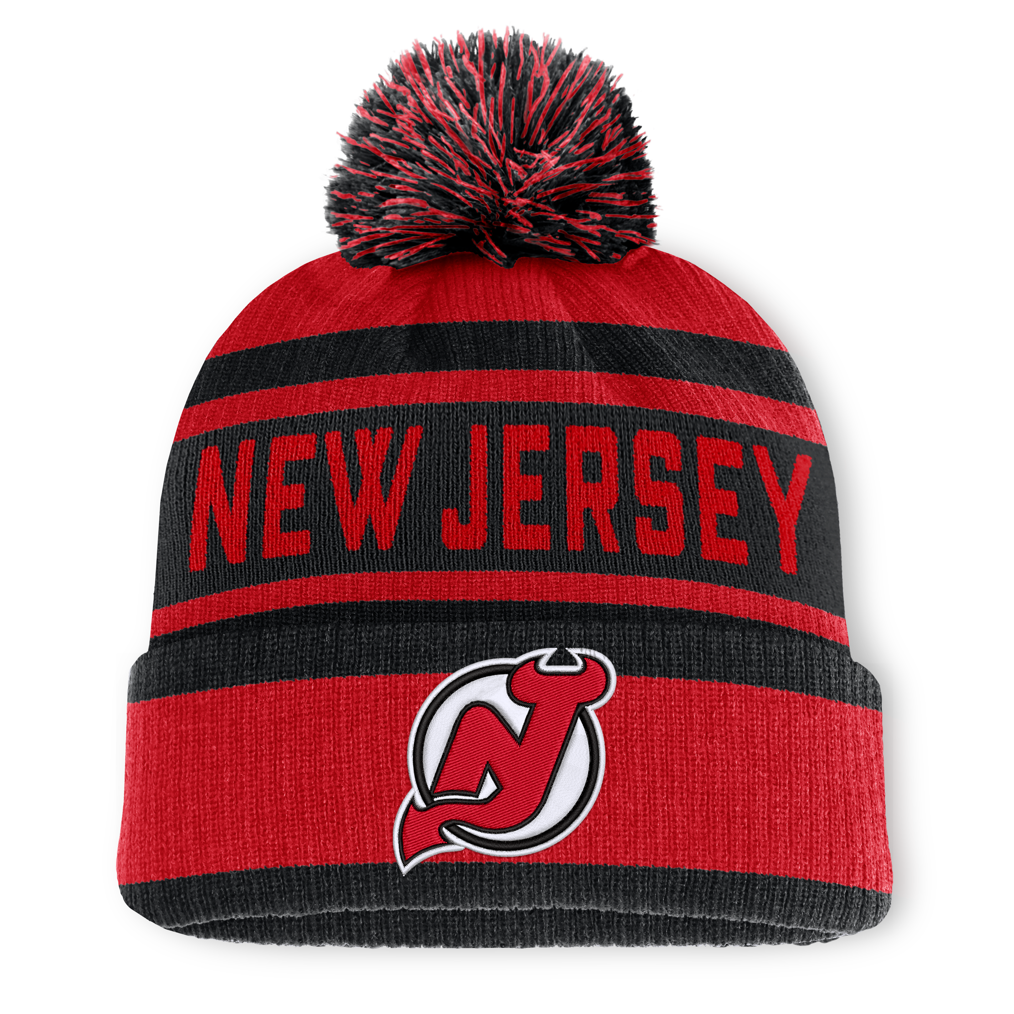 Bonnet à revers rouge et noir New Jersey Devils Fundamental pour homme, avec pompon, de la marque Fanatics.