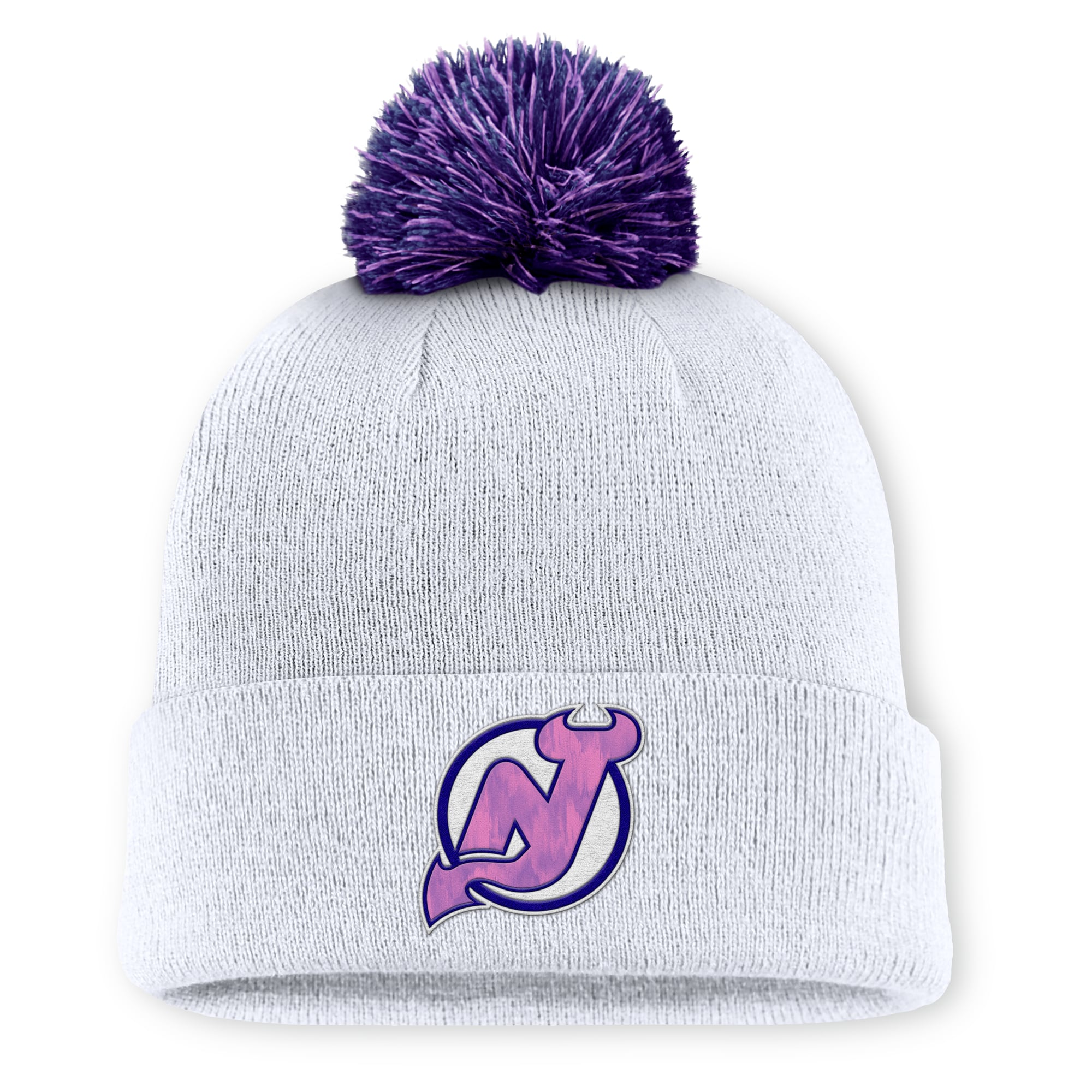 Men's Fanatics White New Jersey Devils Authentic Pro Hockey Fights Cancer Cuffed Knit Hat with Pom