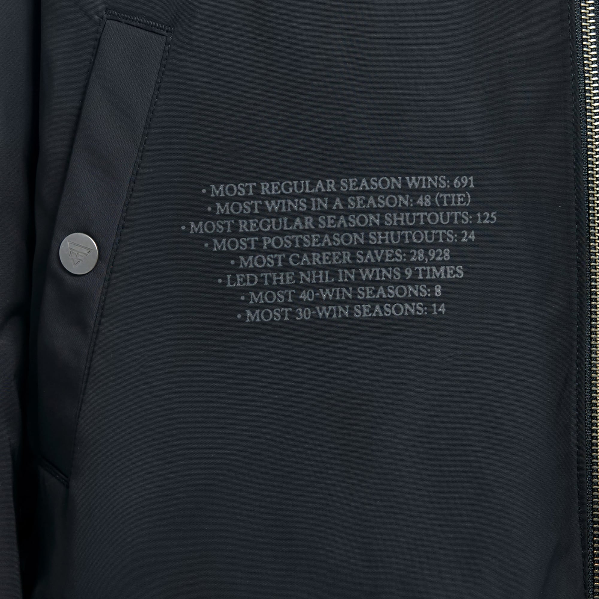 Veste bomber réversible zippée intégrale FE Martin Brodeur noire pour homme, New Jersey Devils