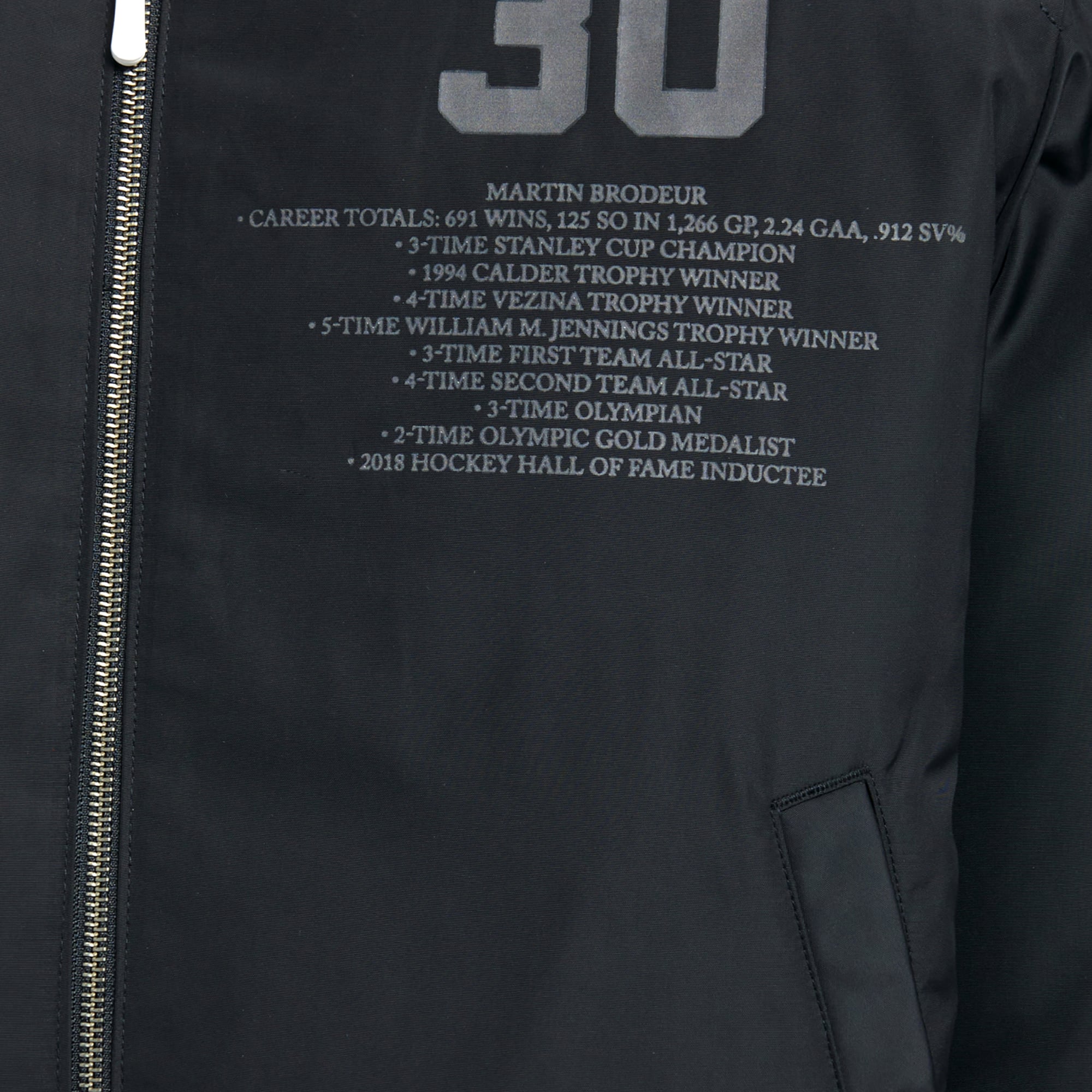 Veste bomber réversible zippée intégrale FE Martin Brodeur noire pour homme, New Jersey Devils