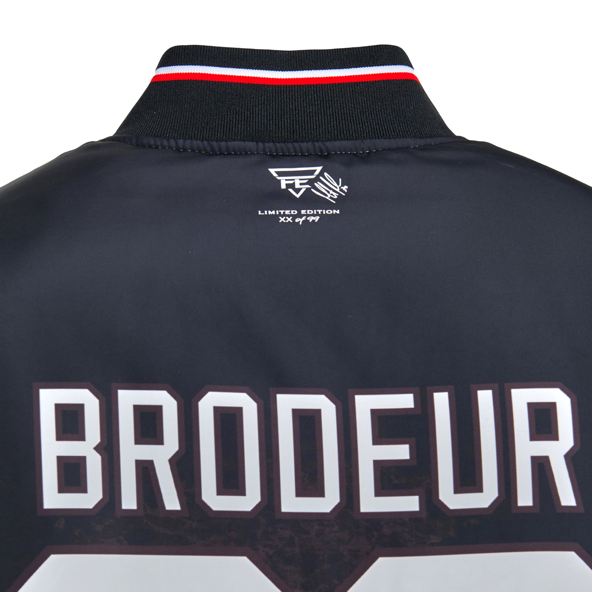 Veste bomber réversible zippée intégrale FE Martin Brodeur noire pour homme, New Jersey Devils