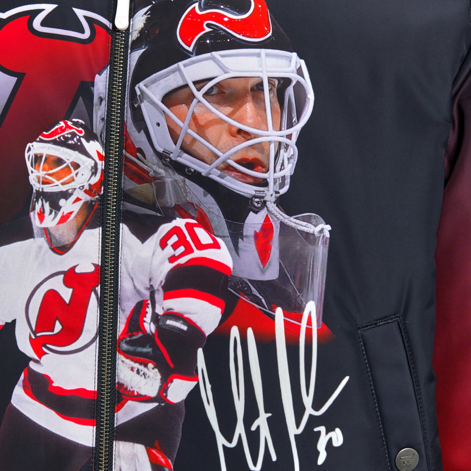 Veste bomber réversible zippée intégrale FE Martin Brodeur noire pour homme, New Jersey Devils
