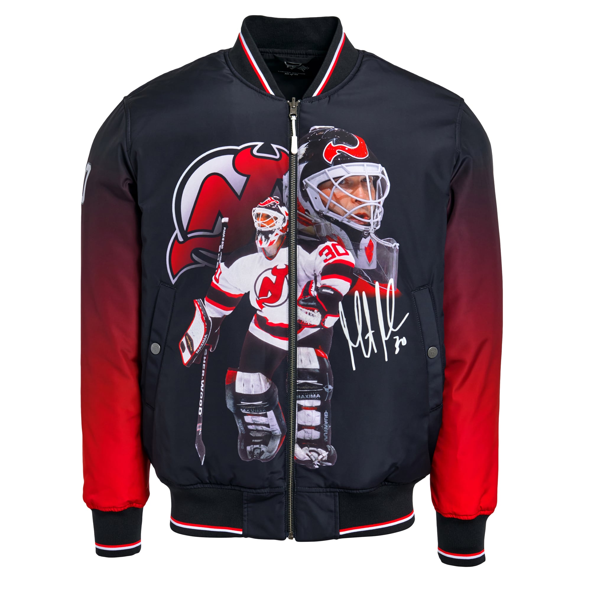 Veste bomber réversible zippée intégrale FE Martin Brodeur noire pour homme, New Jersey Devils