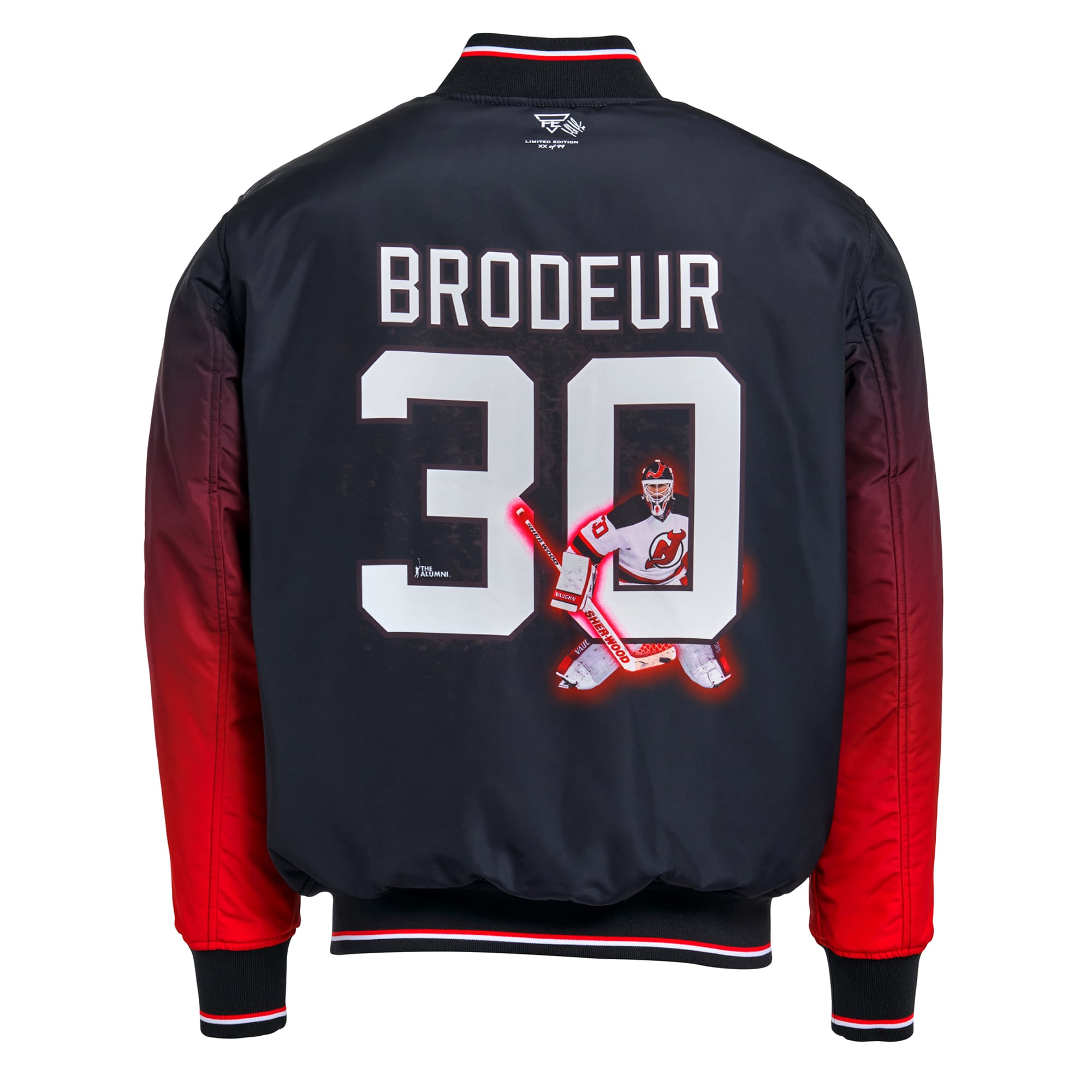 Veste bomber réversible zippée intégrale FE Martin Brodeur noire pour homme, New Jersey Devils