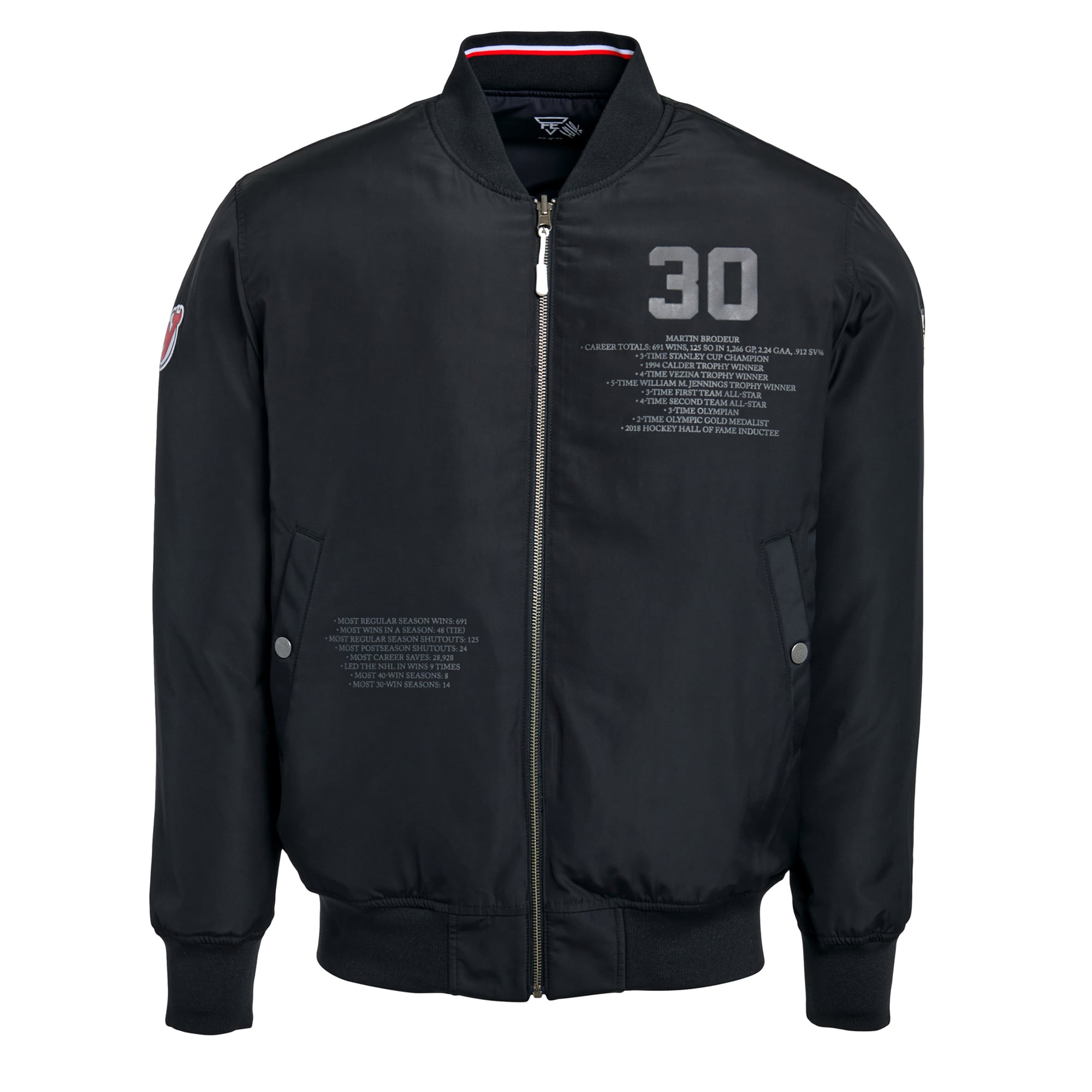 Veste bomber réversible zippée intégrale FE Martin Brodeur noire pour homme, New Jersey Devils
