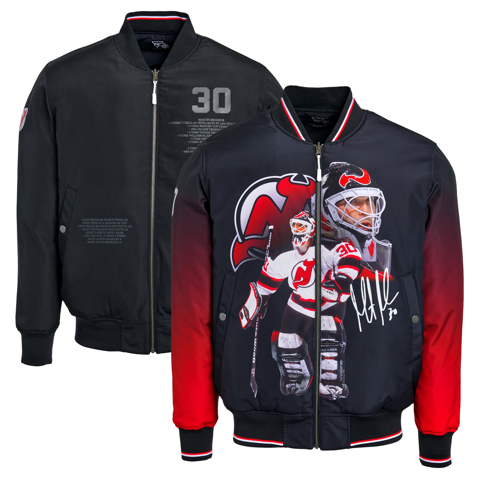 Veste bomber réversible zippée intégrale FE Martin Brodeur noire pour homme, New Jersey Devils