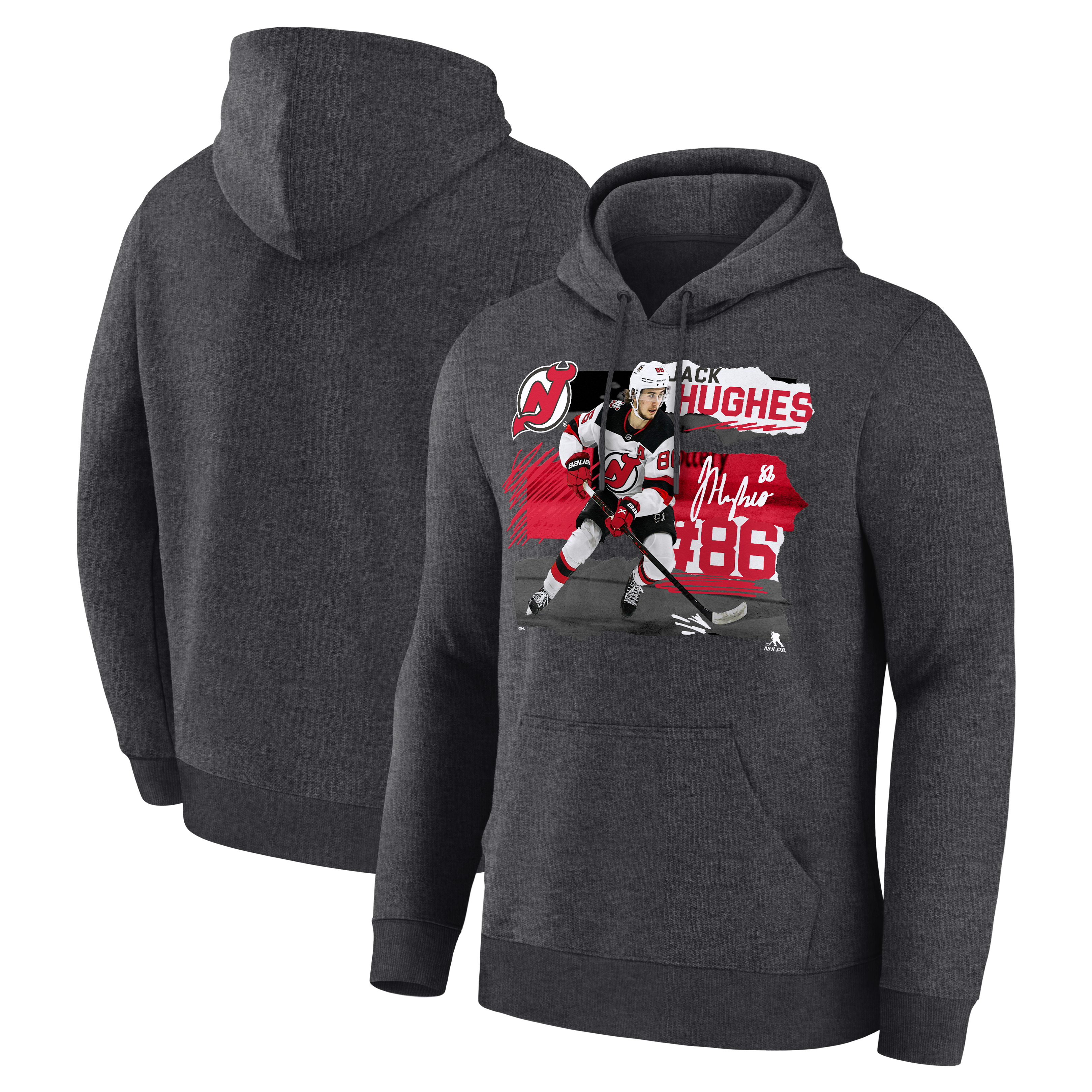 Sweat à capuche Jack Hughes pour homme, couleur anthracite, New Jersey Devils, Fresh Ice