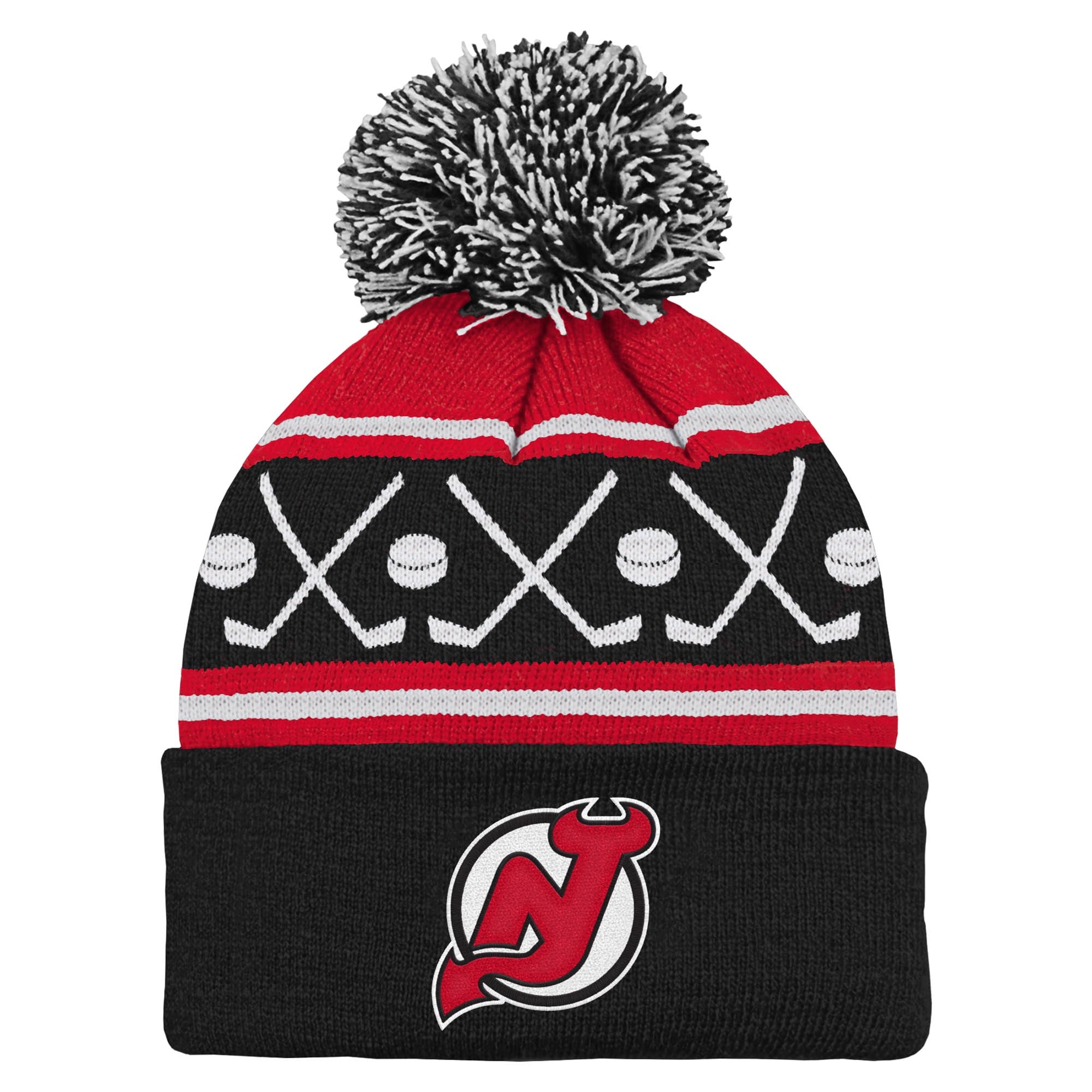 Bonnet en tricot à revers et pompon noir pour enfant d'âge préscolaire, motif Faceoff des Devils du New Jersey