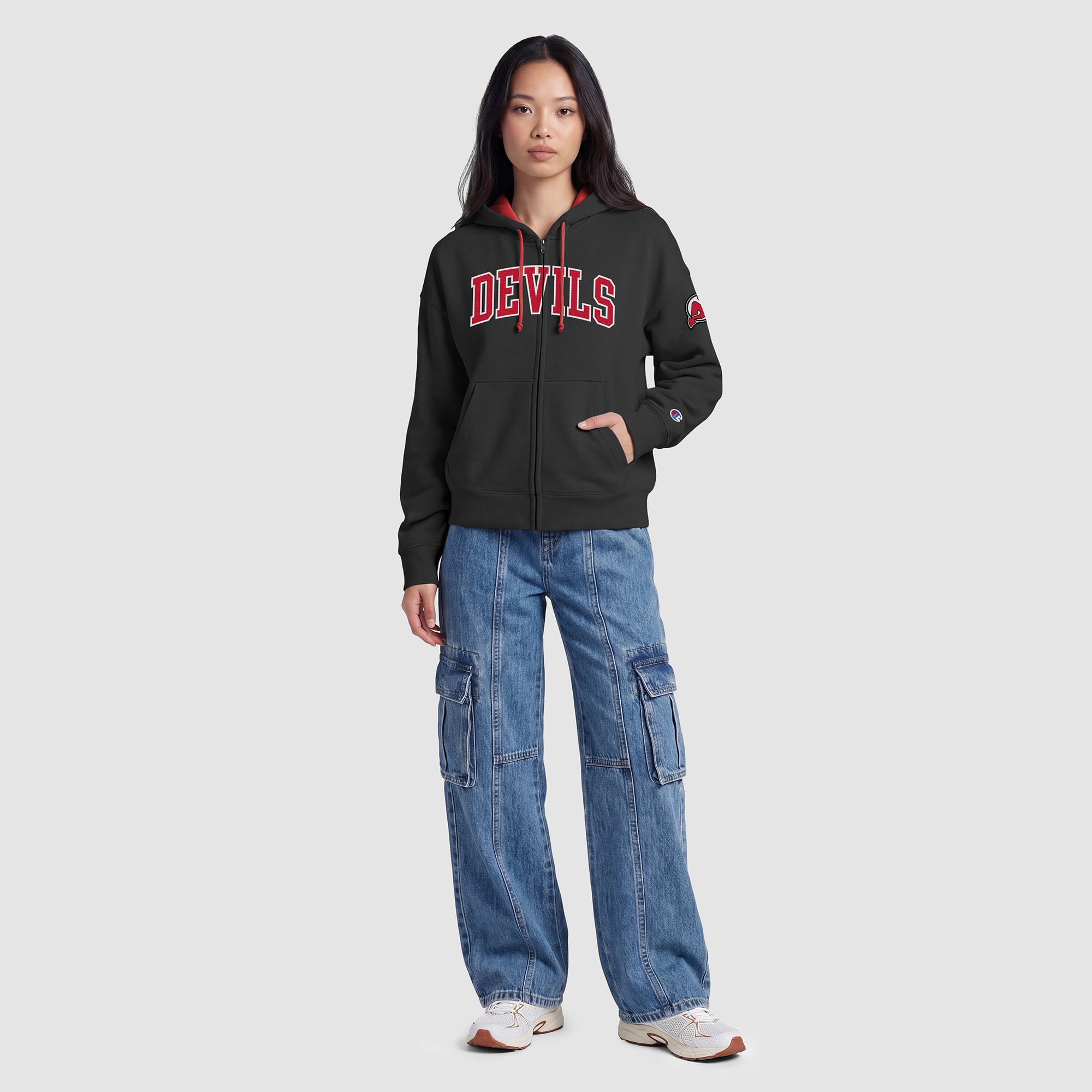 Women's Champion Black/Red New Jersey Devils Applique Full-Zip Fleece Hoodie