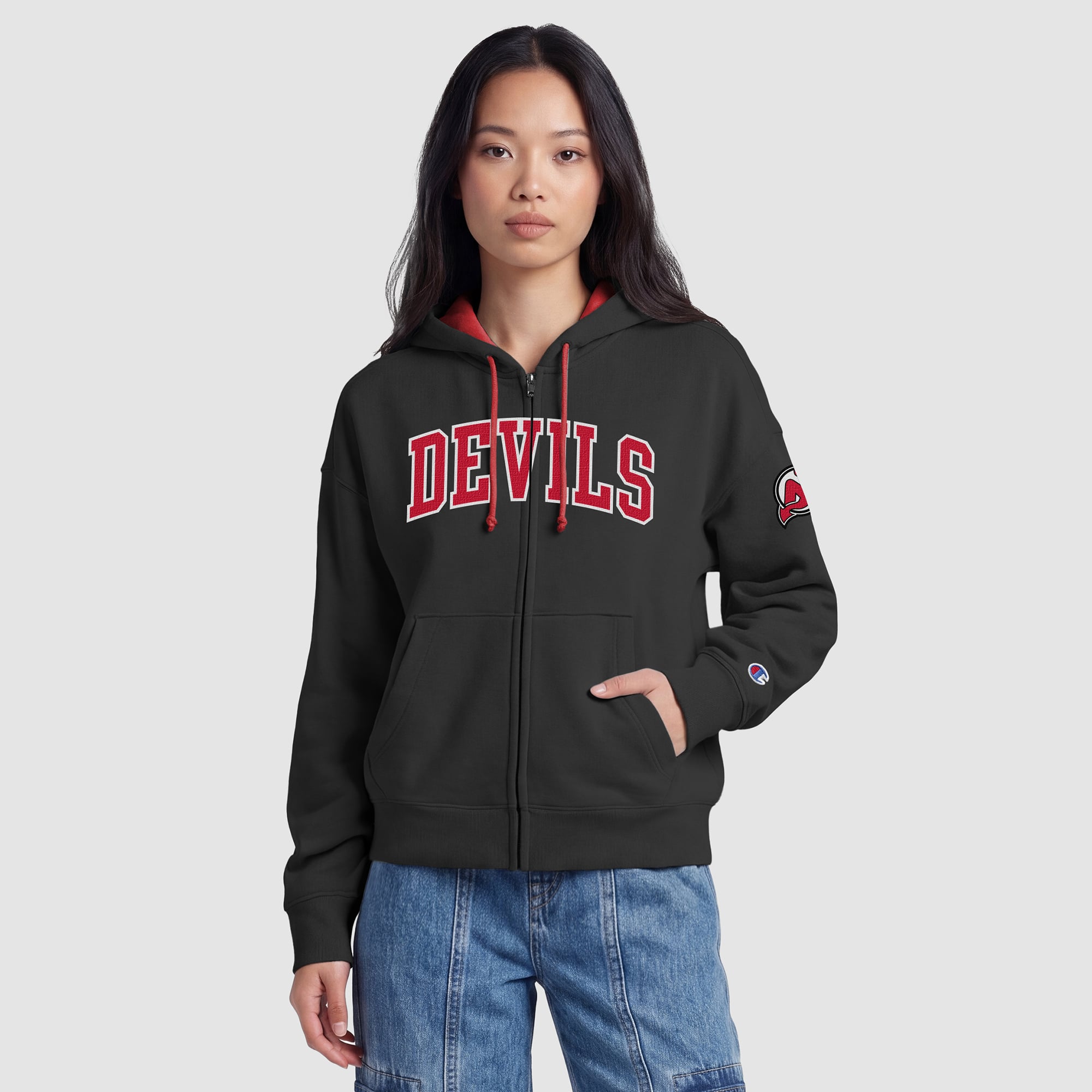 Women's Champion Black/Red New Jersey Devils Applique Full-Zip Fleece Hoodie