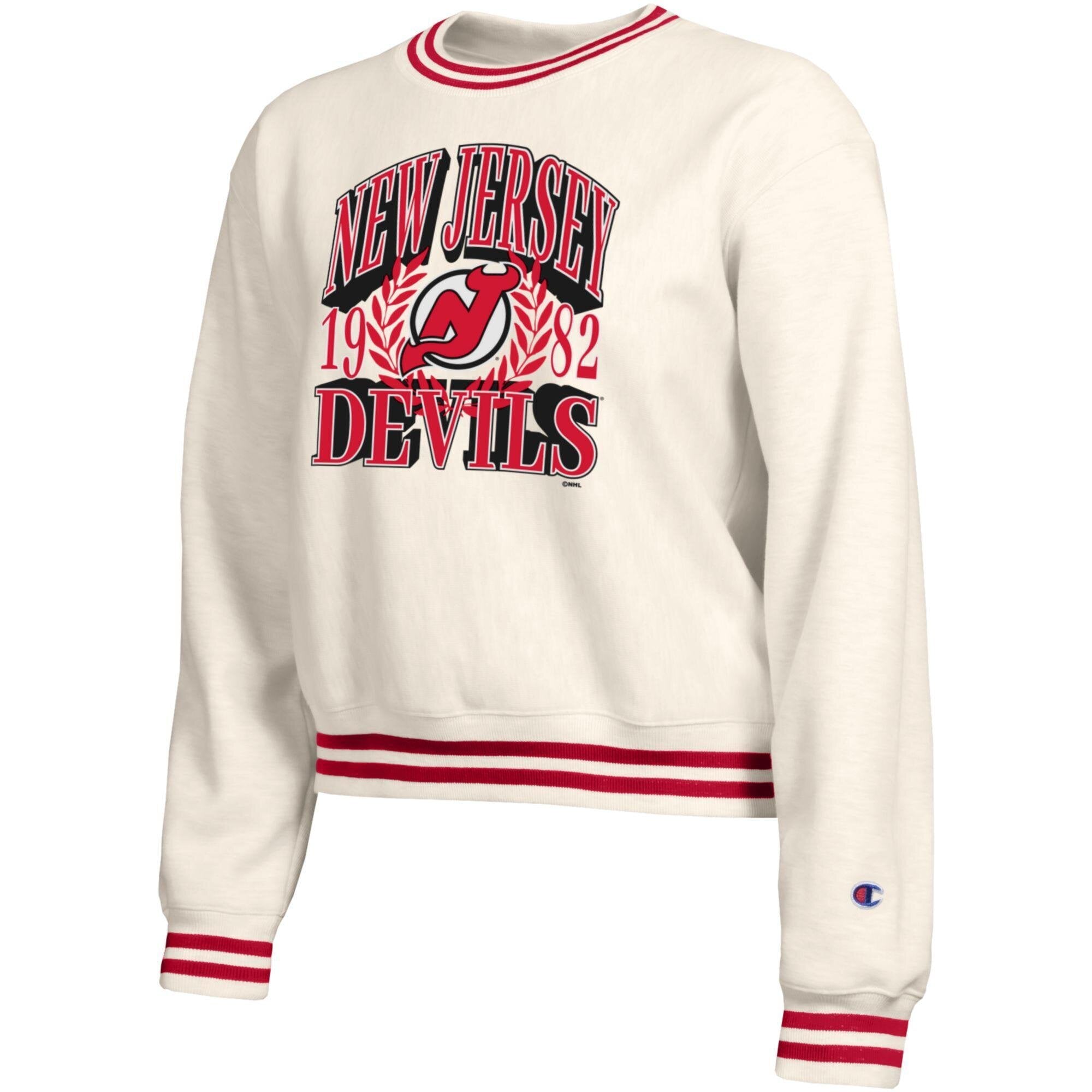Sweat-shirt Champion crème pour femme, motif Bold Laurels des New Jersey Devils, en fil tissé inversé.