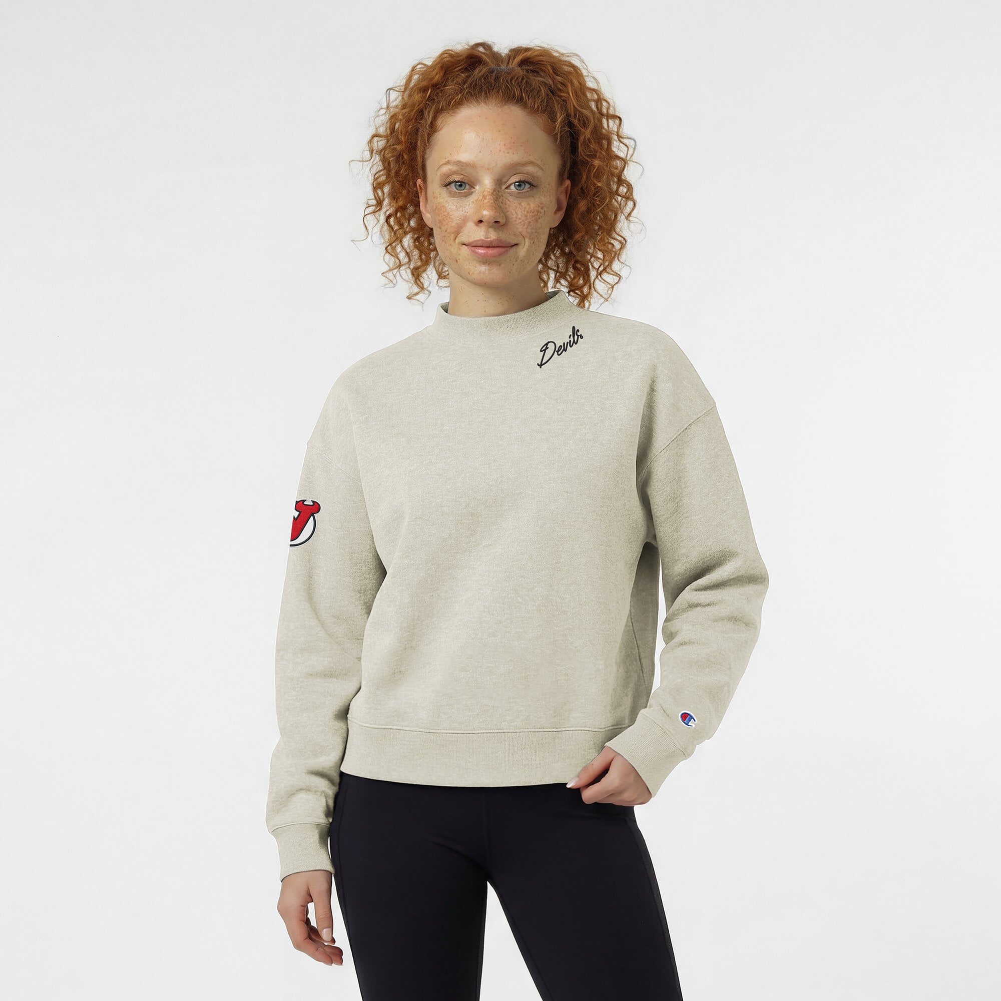 Women's Champion  Oatmeal New Jersey Devils Collar Script Triumph Tri-Blend Fleece Sweatshirt