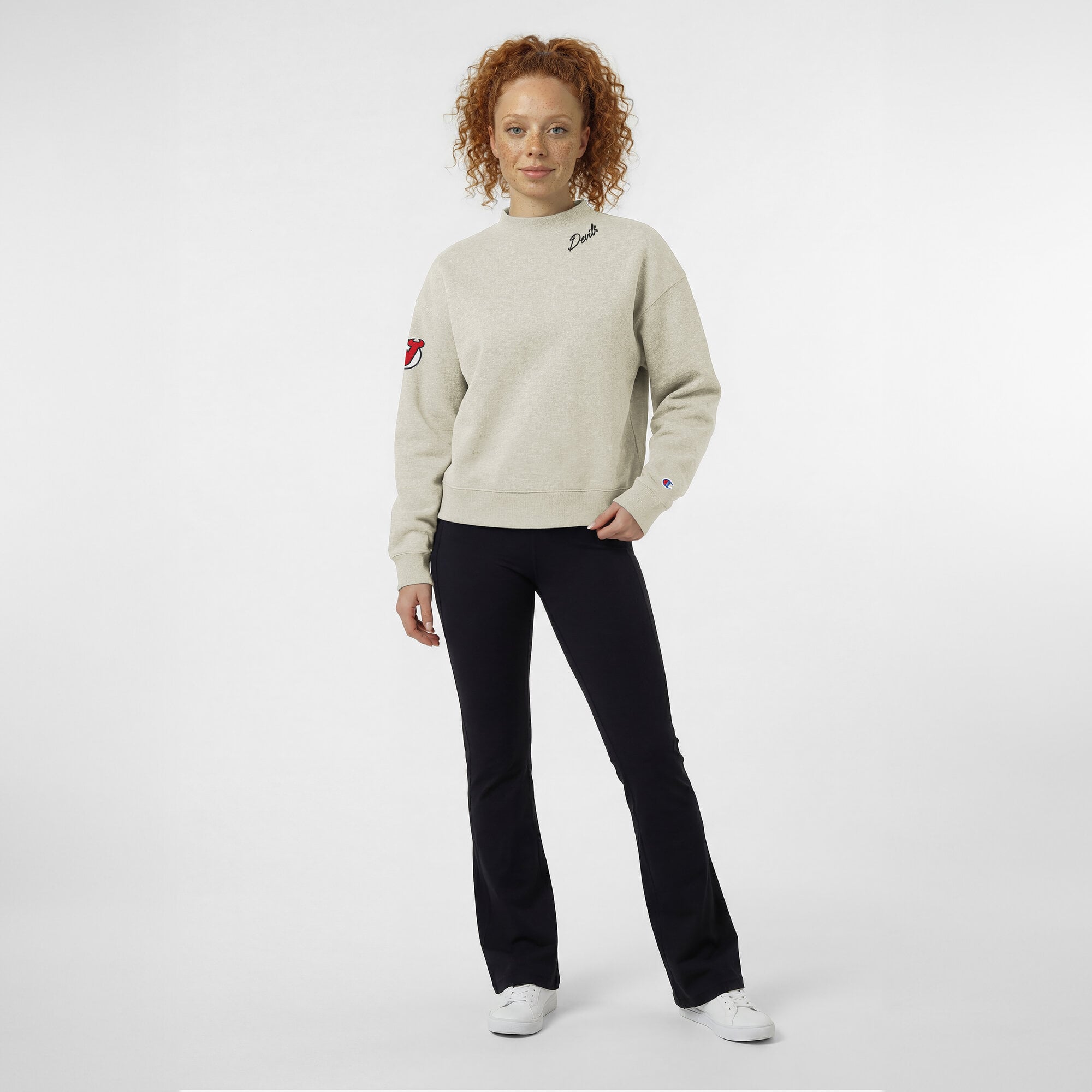 Women's Champion  Oatmeal New Jersey Devils Collar Script Triumph Tri-Blend Fleece Sweatshirt