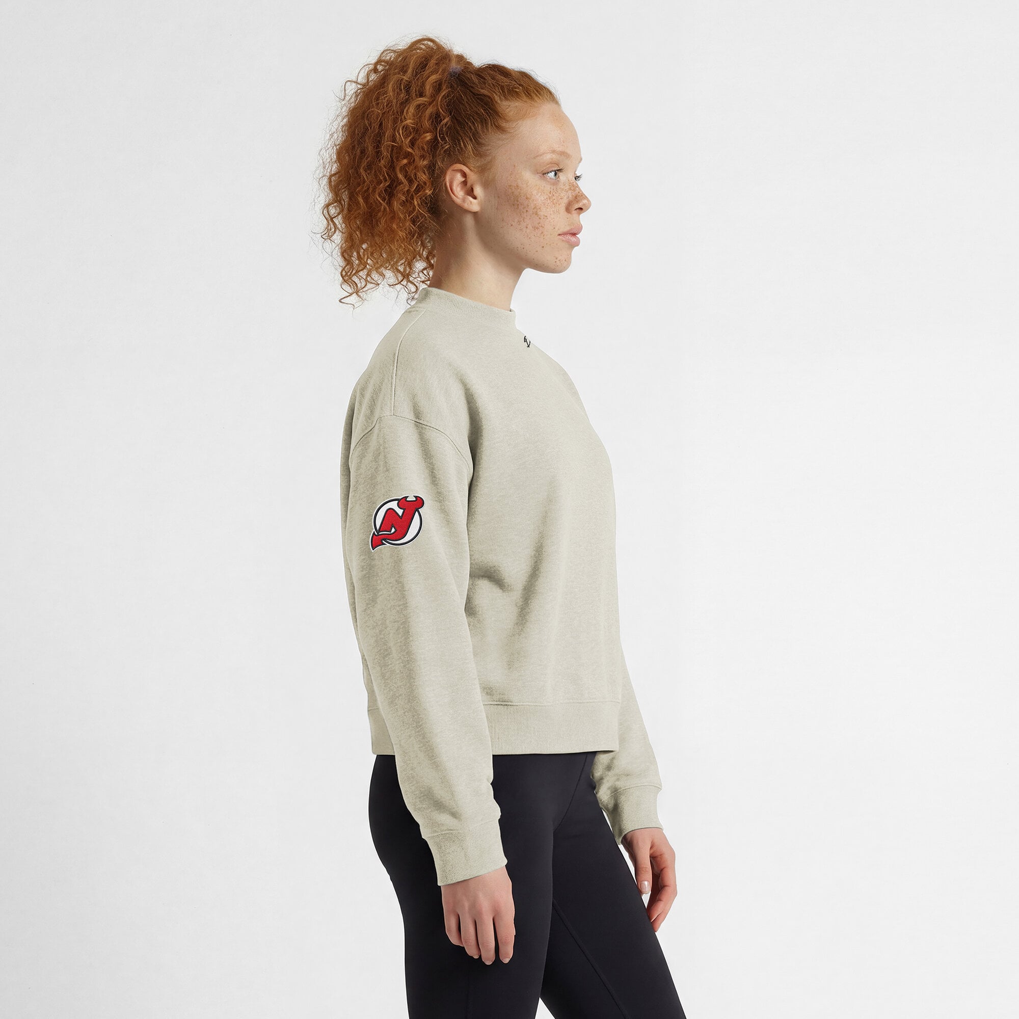 Women's Champion  Oatmeal New Jersey Devils Collar Script Triumph Tri-Blend Fleece Sweatshirt