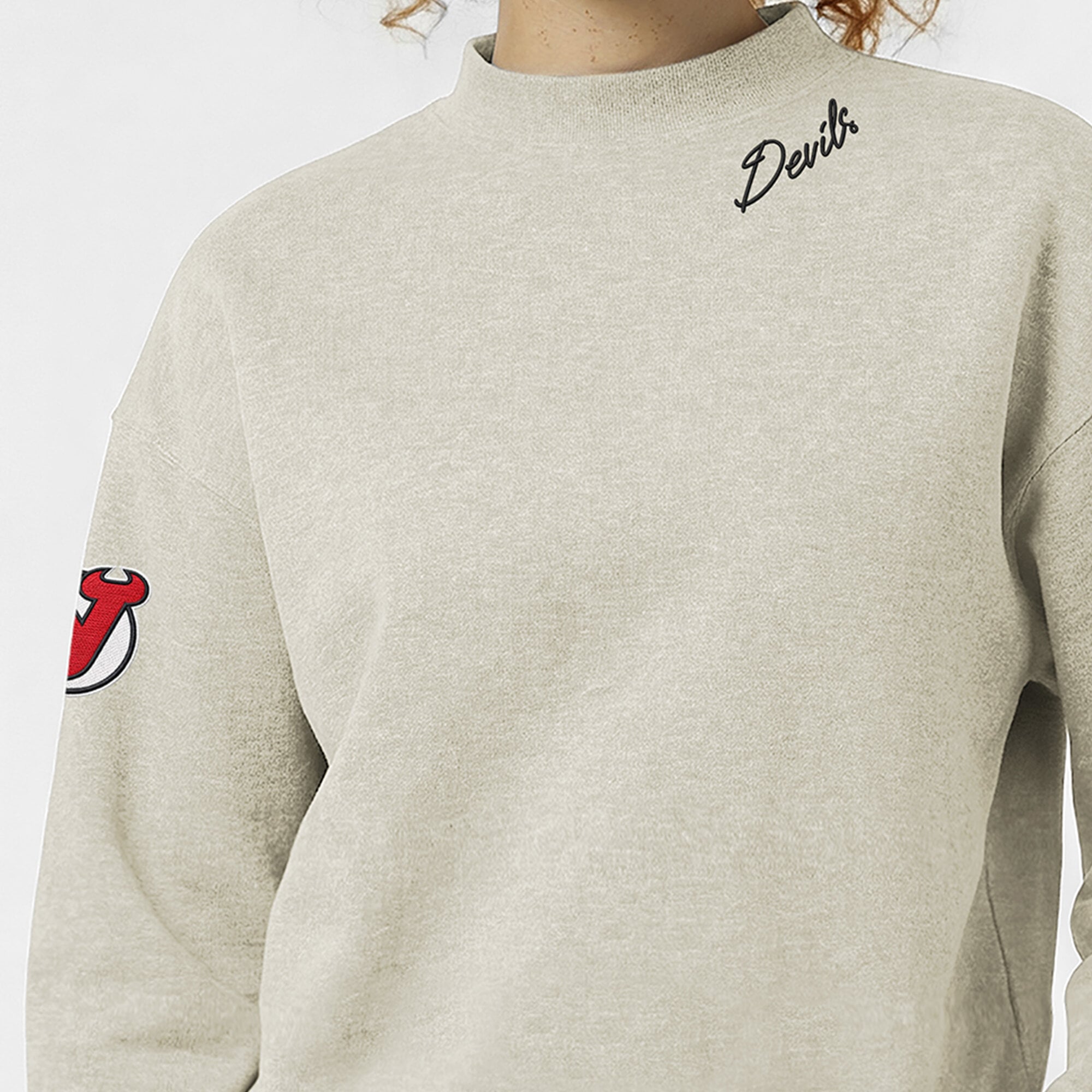 Women's Champion  Oatmeal New Jersey Devils Collar Script Triumph Tri-Blend Fleece Sweatshirt