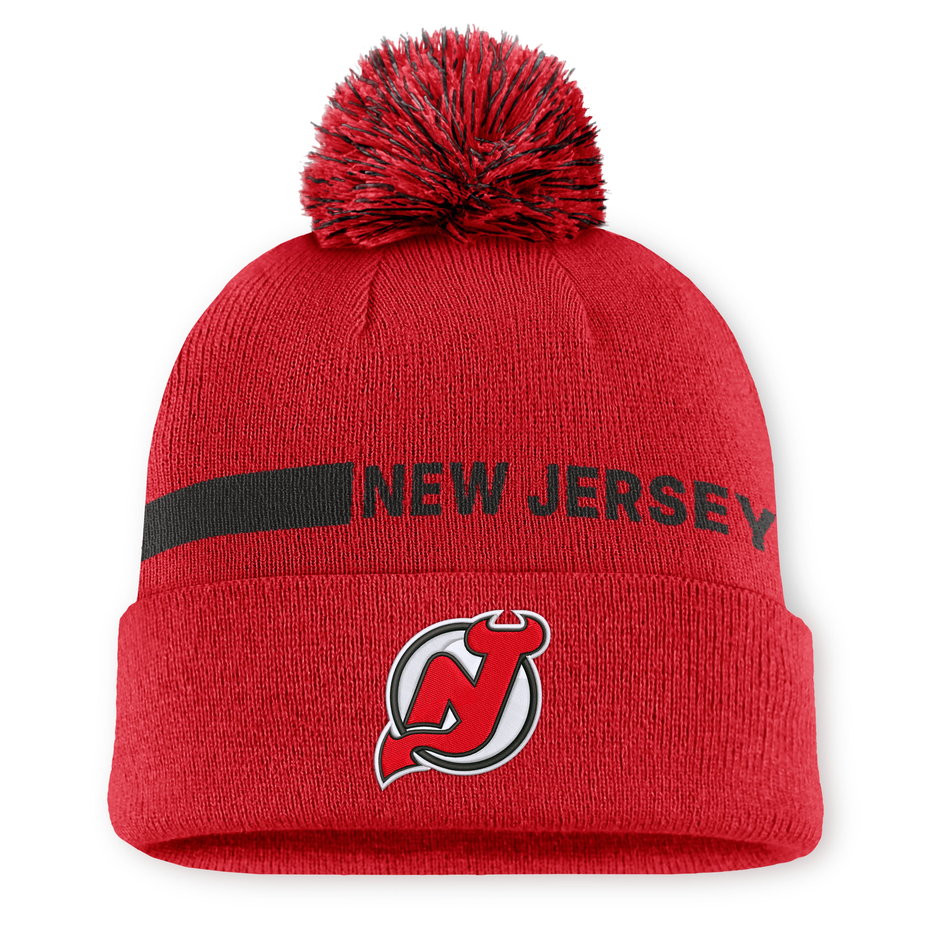 Bonnet à revers Fanatics rouge pour femme, New Jersey Devils Authentic Pro Rink, avec pompon