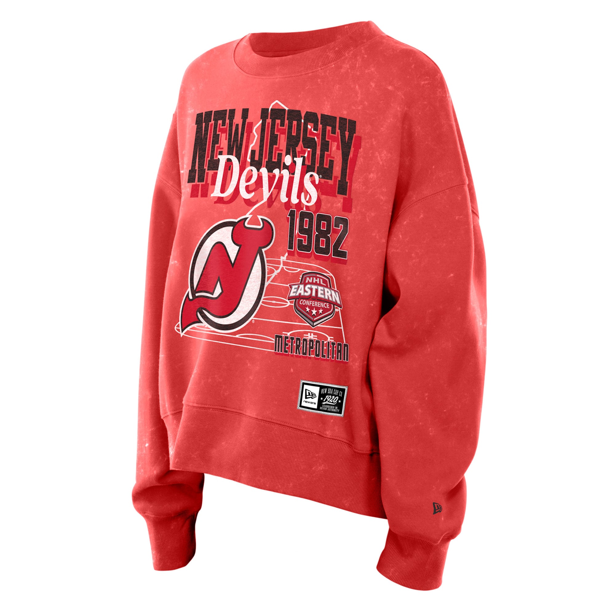 Sweat-shirt à col rond New Era rouge Jersey Devils Throwback en molleton délavé l'huile minérale pour femme