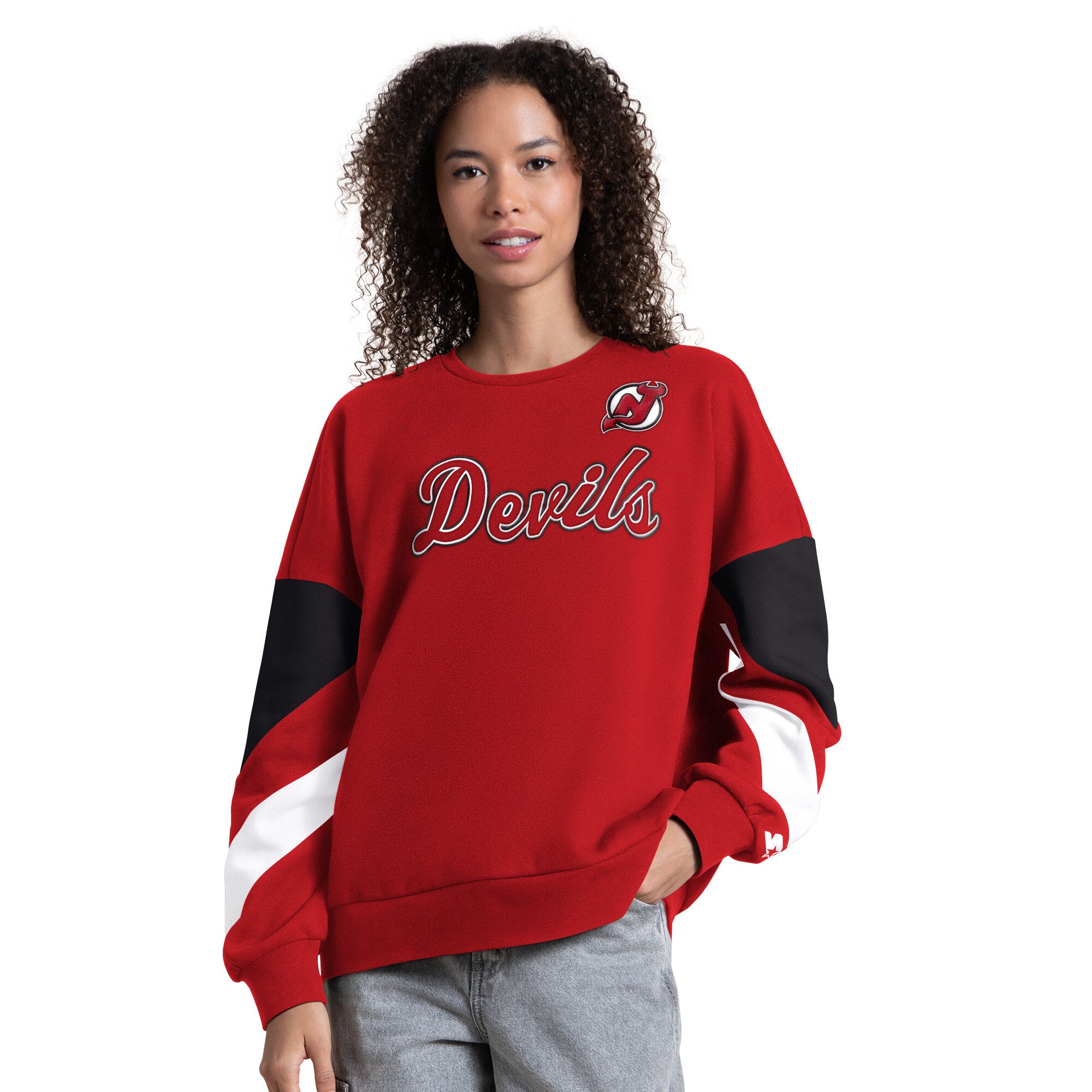 Sweat-shirt Starter rouge pour femme, modèle Grand Chelem des New Jersey Devils, manches longues et color block.