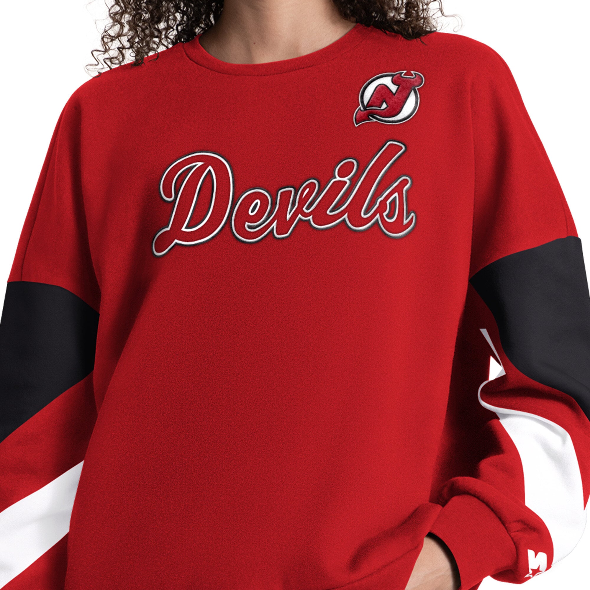 Sweat-shirt Starter rouge pour femme, modèle Grand Chelem des New Jersey Devils, manches longues et color block.
