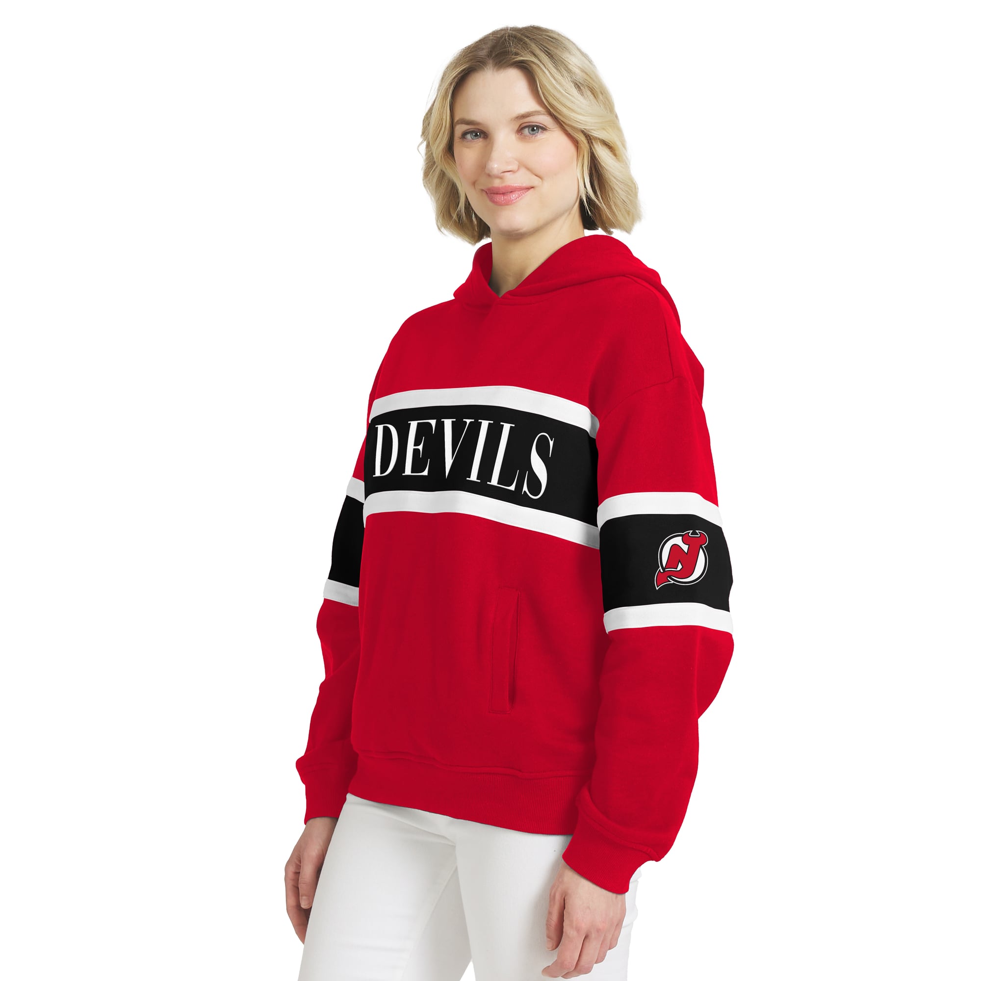 Sweat à capuche rayé rouge New Jersey Devils de la marque WEAR by Erin Andrews pour femme