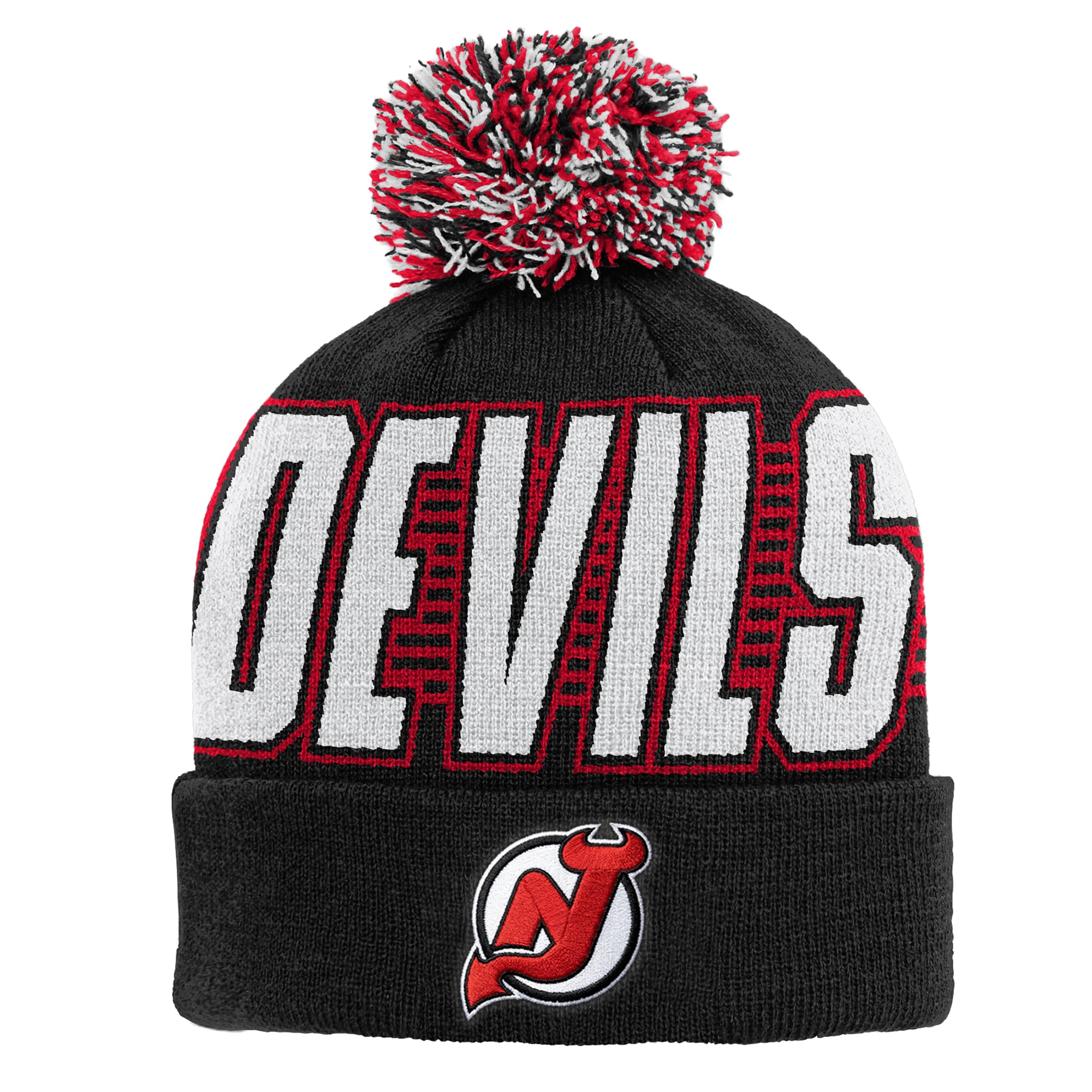 Bonnet tricoté noir à revers avec pompon, modèle New Jersey Devils, pour enfant de la marque Outerstuff.