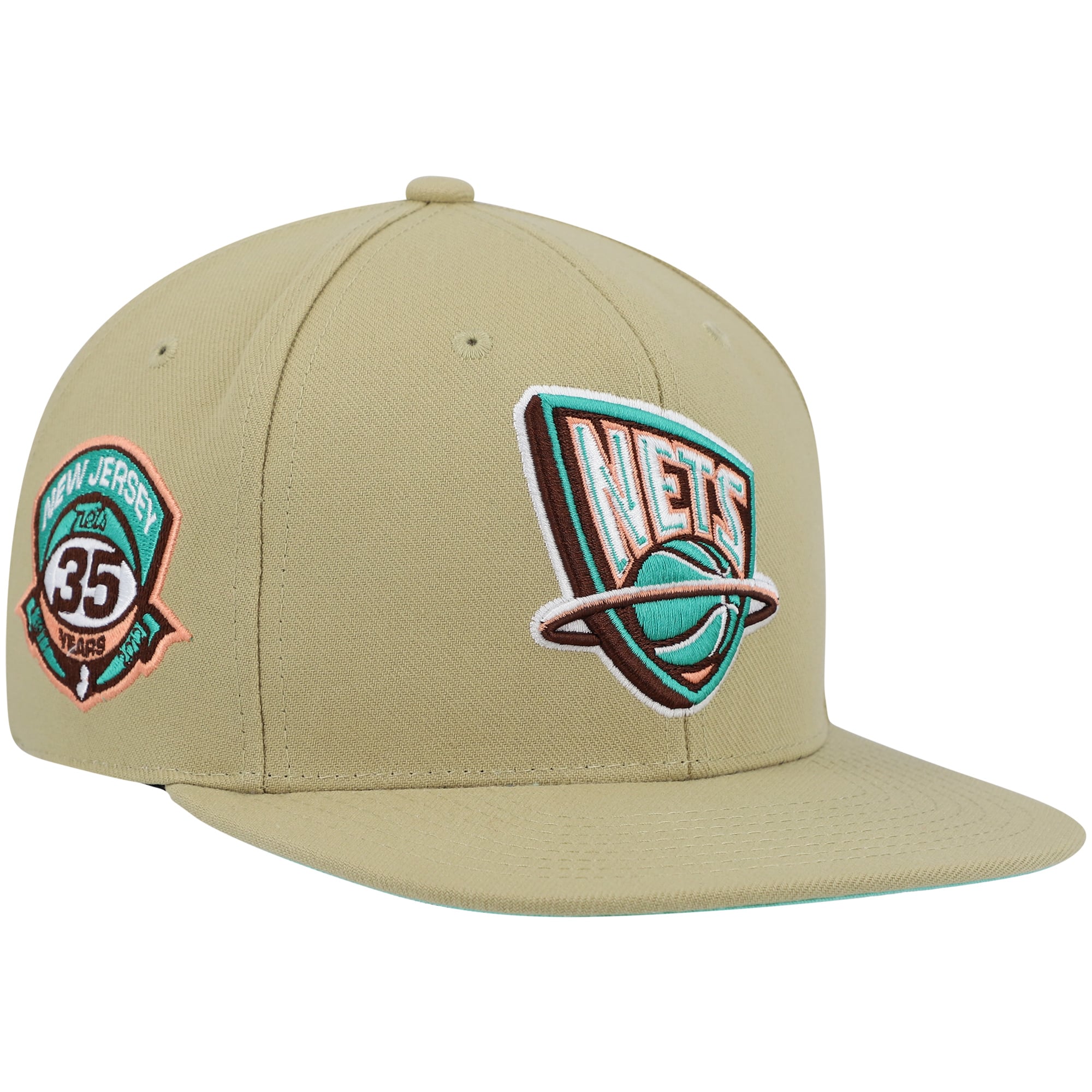 Men's New Jersey Nets Mitchell & Ness Khaki 35th Anniversary Hardwood Classics Malibu Sunrise Fitted Hat