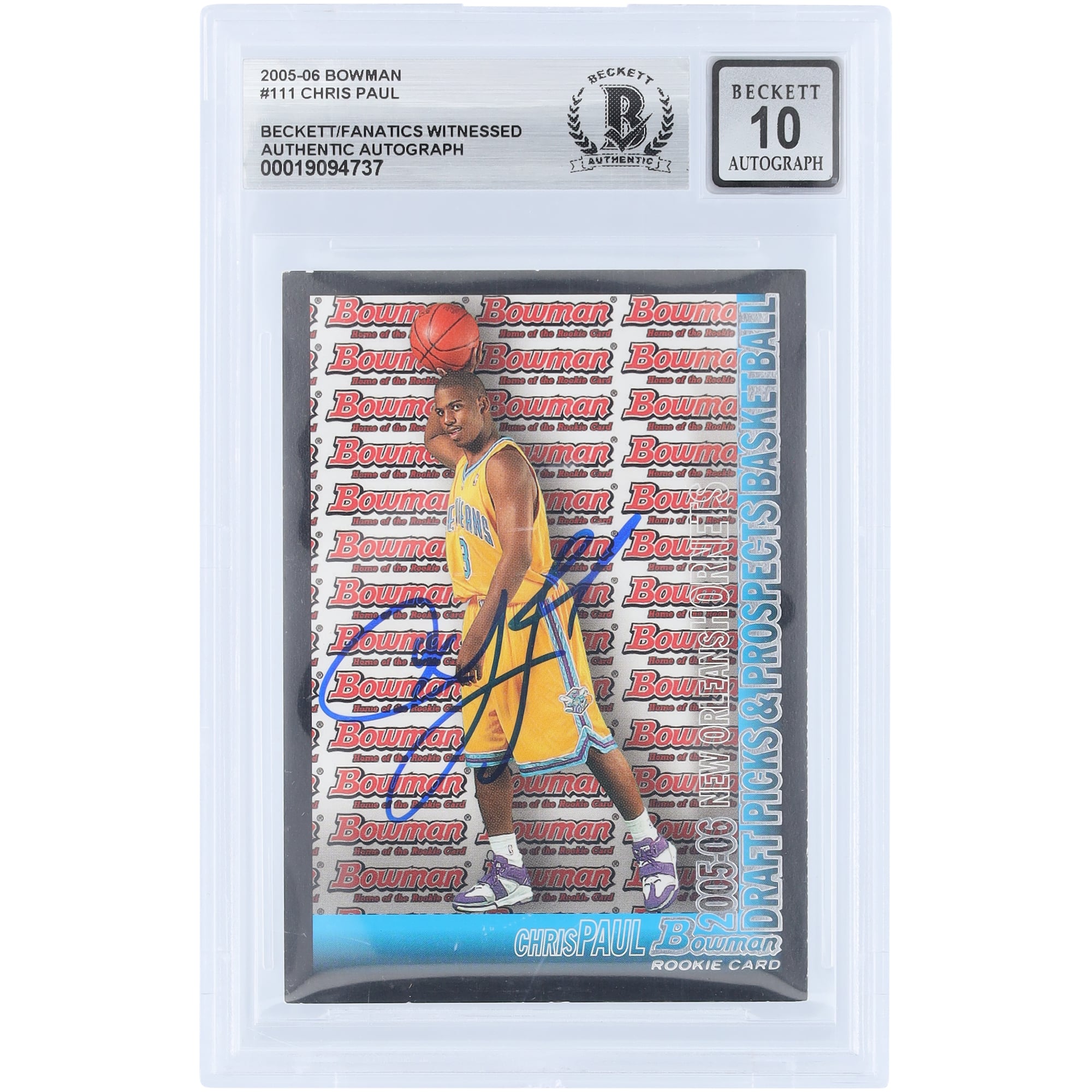 Carte de recrue autographiée de Chris Paul (New Orleans Hornets) 2005-06 Topps Bowman Draft Picks & Prospects #111, authentifiée par Beckett Fanatics Witnessed.