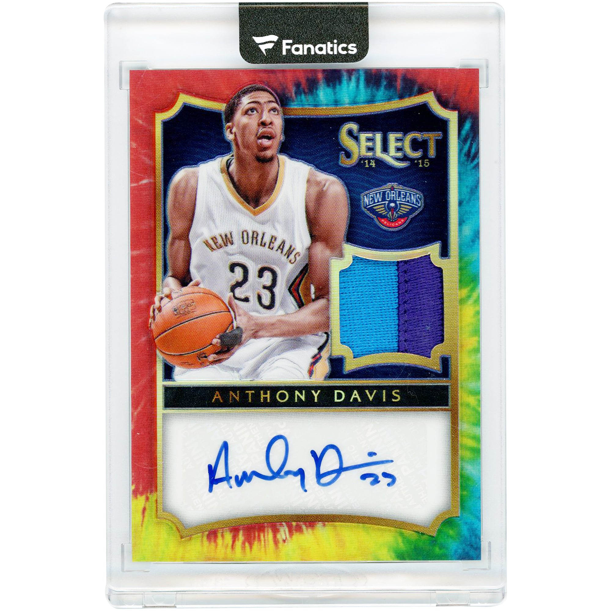 Carte Panini Select Tie-Dye Prizm Game Used Dual-Color Jersey Relic n° 60, autographiée par Anthony Davis (New Orleans Pelicans), saison 2014-2015, numéro 16/25