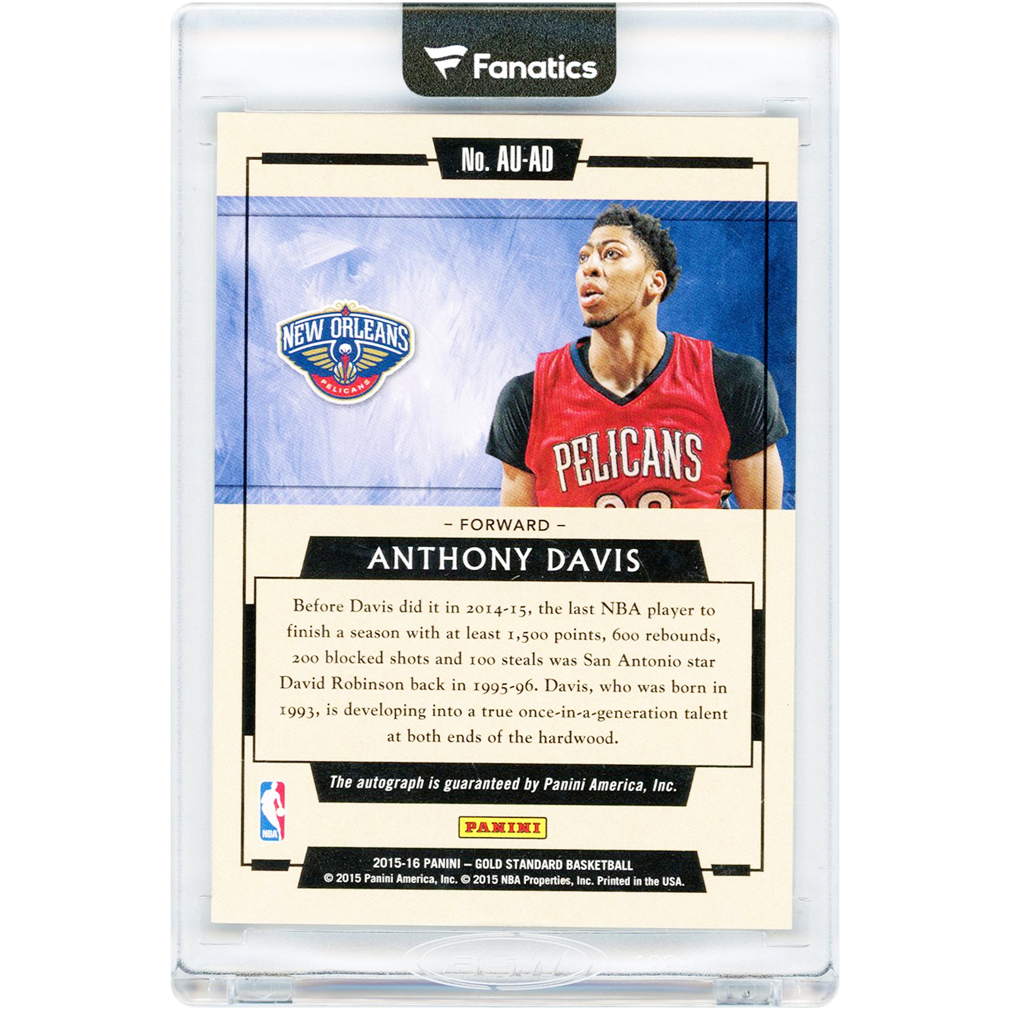Carte autographiée d'Anthony Davis (New Orleans Pelicans) 2015-16 Panini Gold Standard Gold #AU-AD #55/79