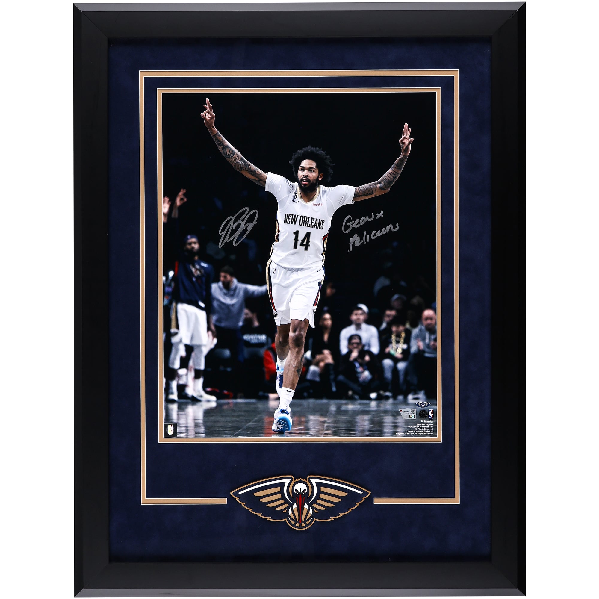 Brandon Ingram New Orleans Pelicans Autographed Deluxe Framed 16" x 20" Celebrating 3-Pointer vs. Brooklyn Photograph with "Geaux Pelicans" Inscription