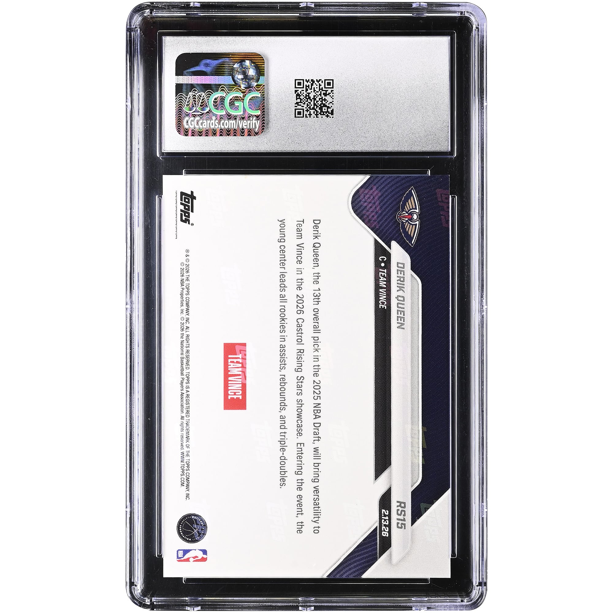 Derik Queen New Orleans Pelicans 2025-26 Topps Now Rising Stars Foil #RS15 CGC Authenticated 9.5 Rookie Card