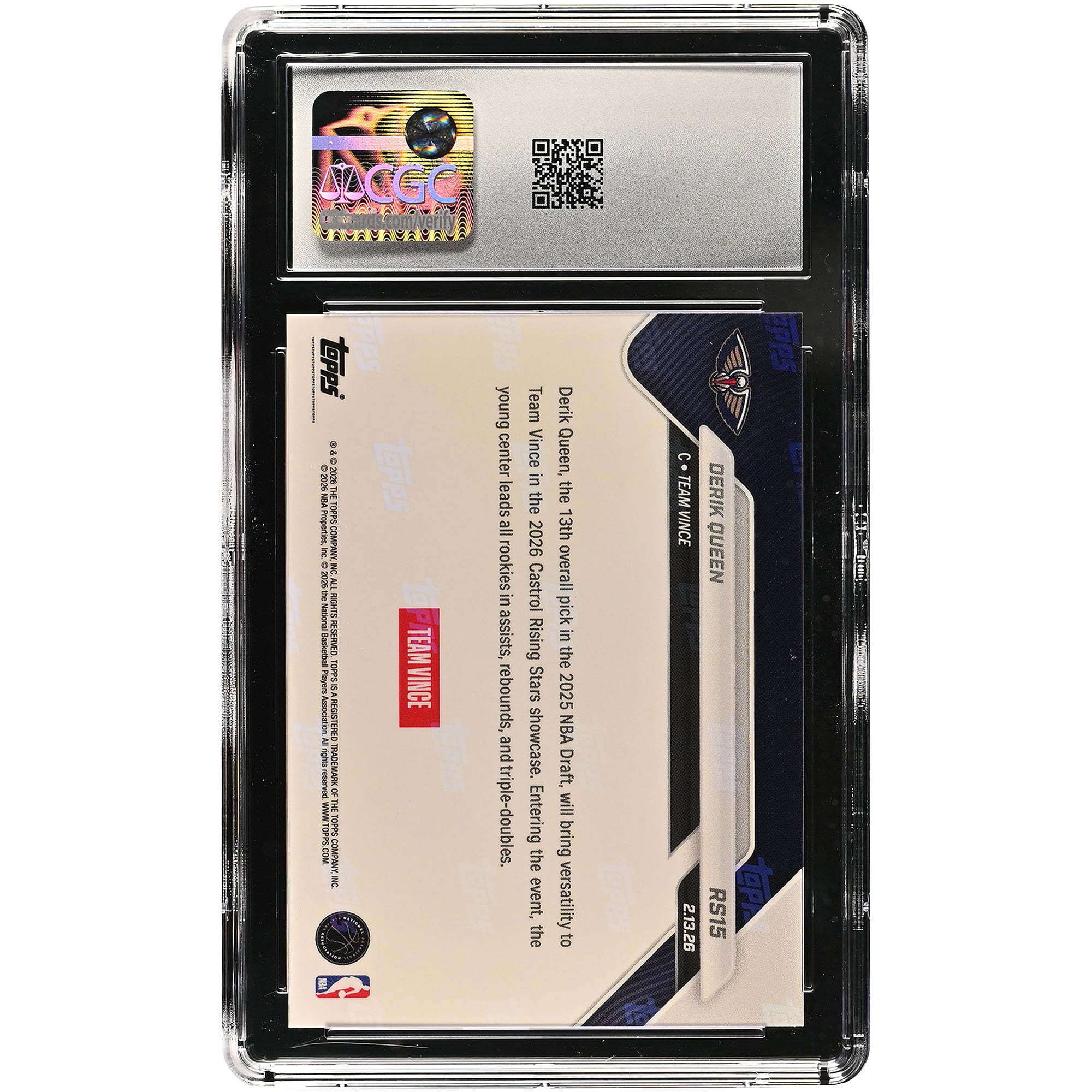 Derik Queen New Orleans Pelicans 2025-26 Topps Now Rising Stars #RS15 CGC Authenticated 10 Rookie Card