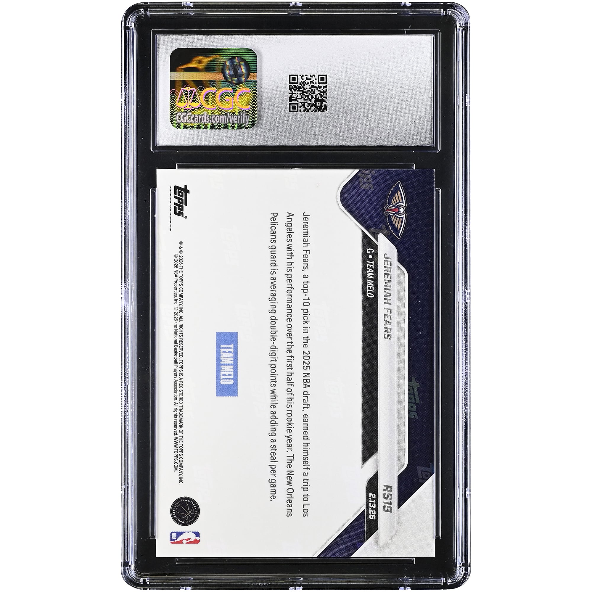 Jeremiah Fears New Orleans Pelicans 2025-26 Topps Now Rising Stars Foil #RS19 CGC Authenticated 9.5 Rookie Card