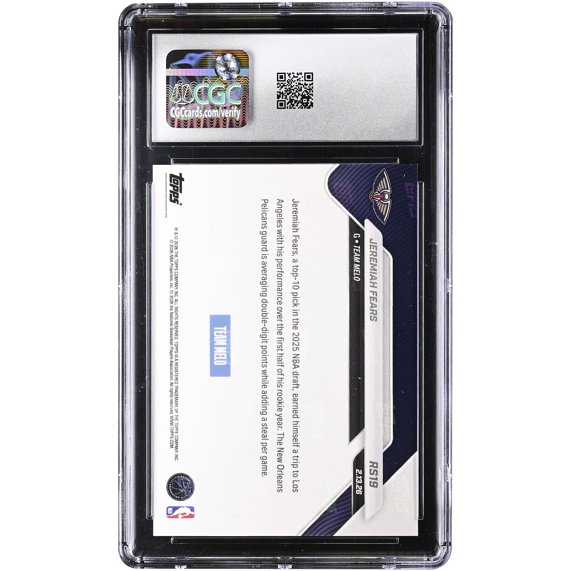 Jeremiah Fears New Orleans Pelicans 2025-26 Topps Now Rising Stars #RS19 CGC Authenticated Rookie Card