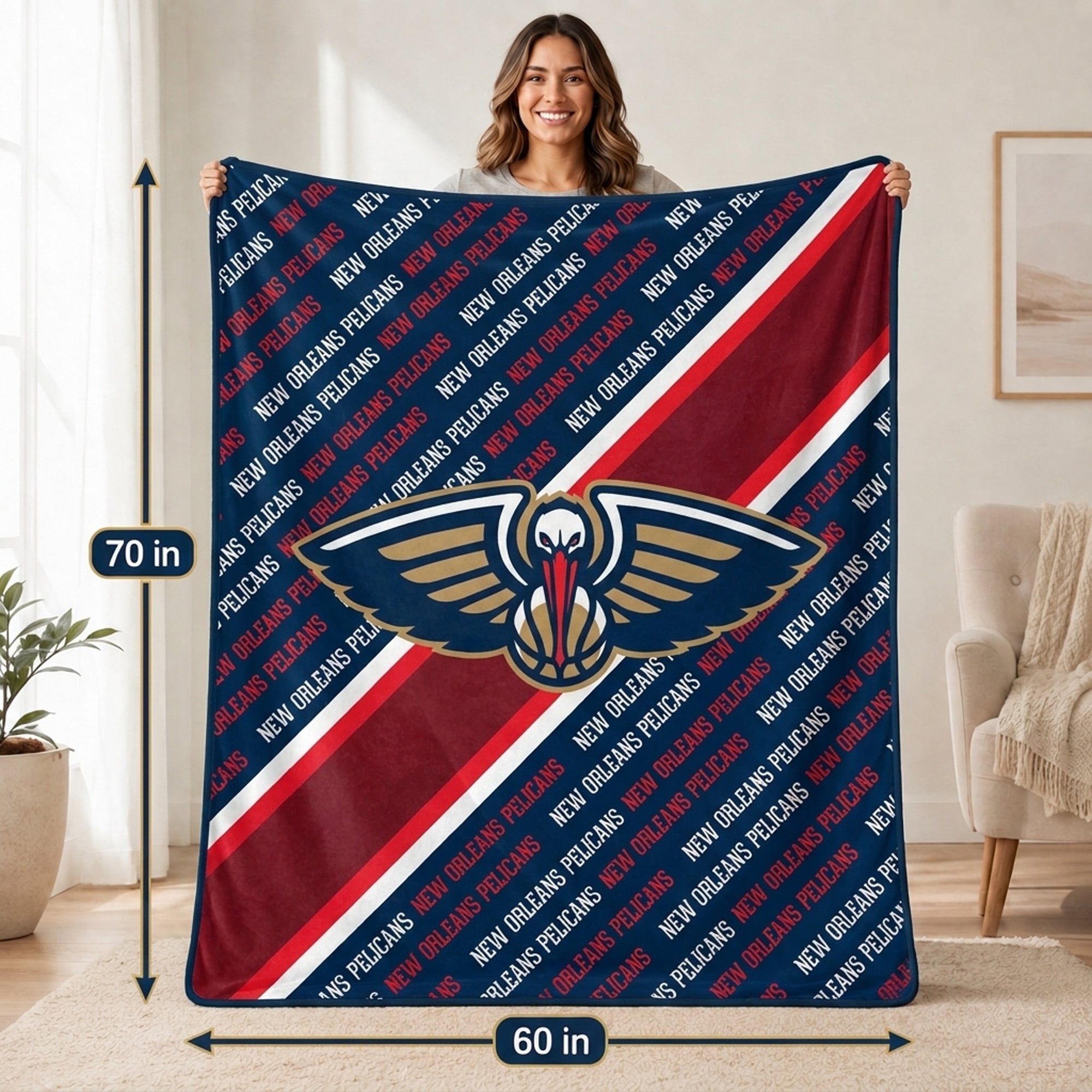 Couverture ultra douce Pegasus New Orleans Pelicans, 152 x 178 cm (60 x 70 pouces) en diagonale, doublée et ornée du logo.