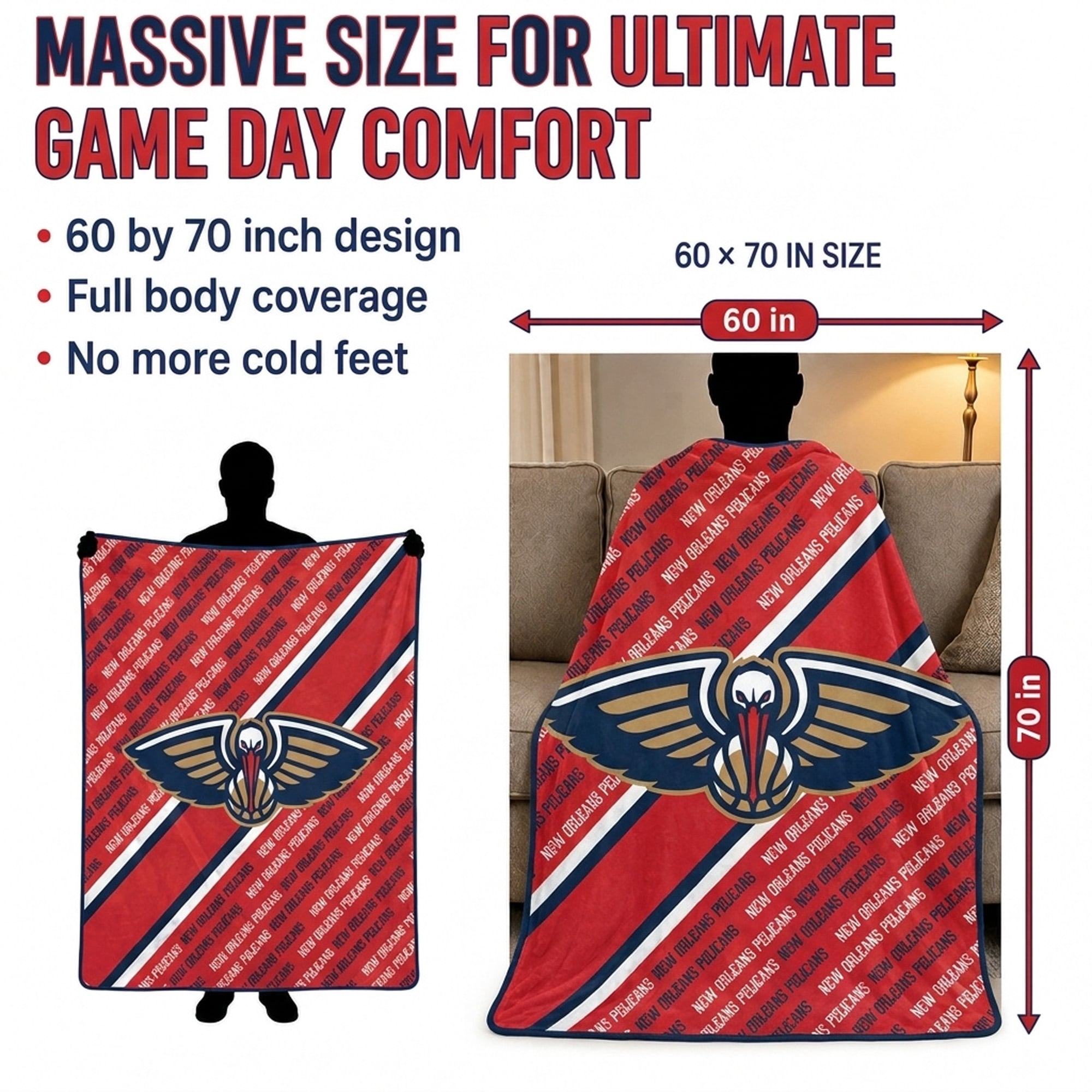 Couverture ultra douce Pegasus New Orleans Pelicans, 152 x 178 cm (60 x 70 pouces) en diagonale, doublée et ornée du logo.