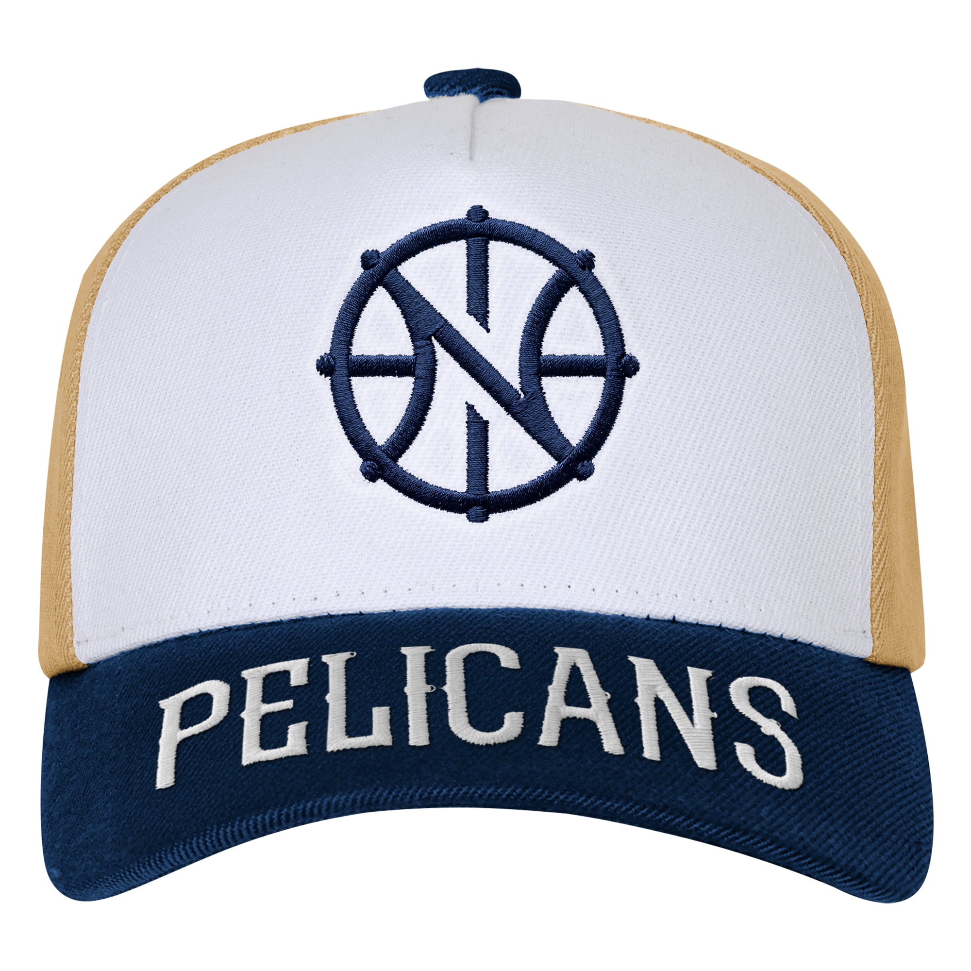 Casquette Youth Outerstuff blanche/marine avec logo des Pelicans de la Nouvelle-Orléans, modèle Three Pro Pinch pré-courbé et ajustable