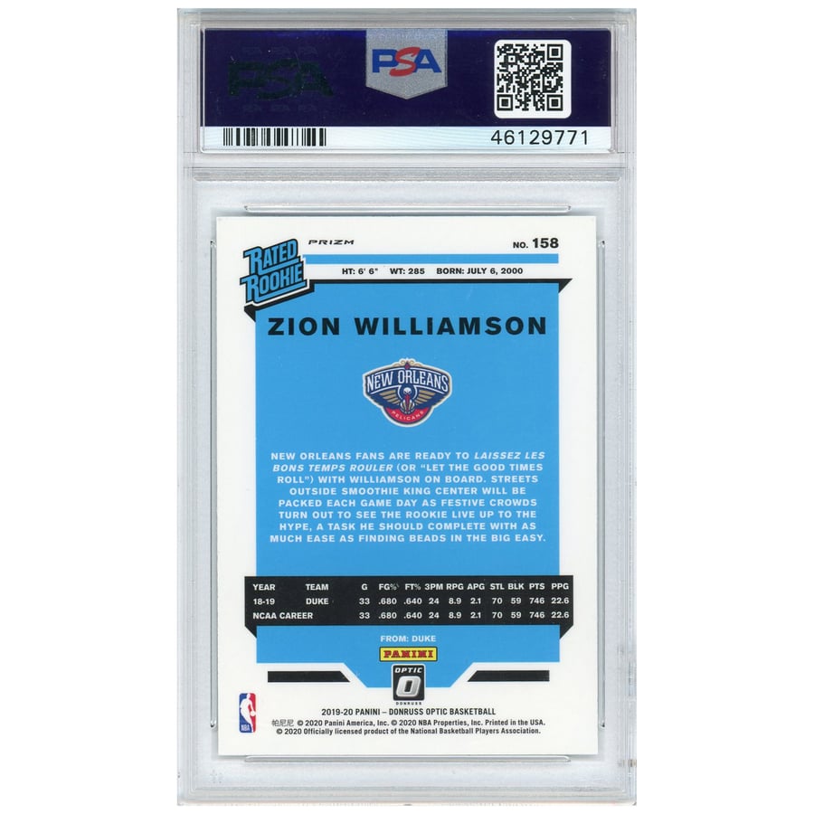 Zion Williamson New Orleans Pelicans 2019 Panini Donruss Optic 