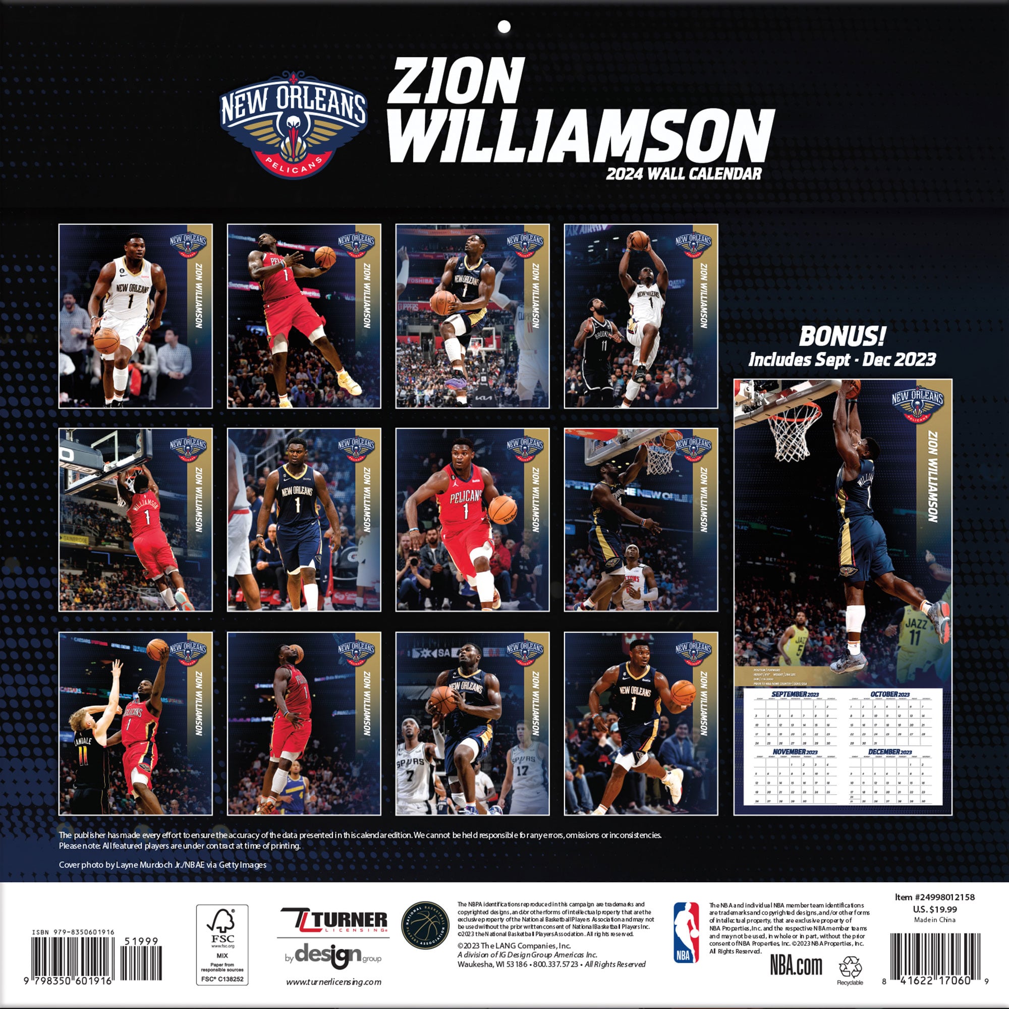Zion Williamson New Orleans Pelicans 2024 12" x 12" Player Wall Calendar