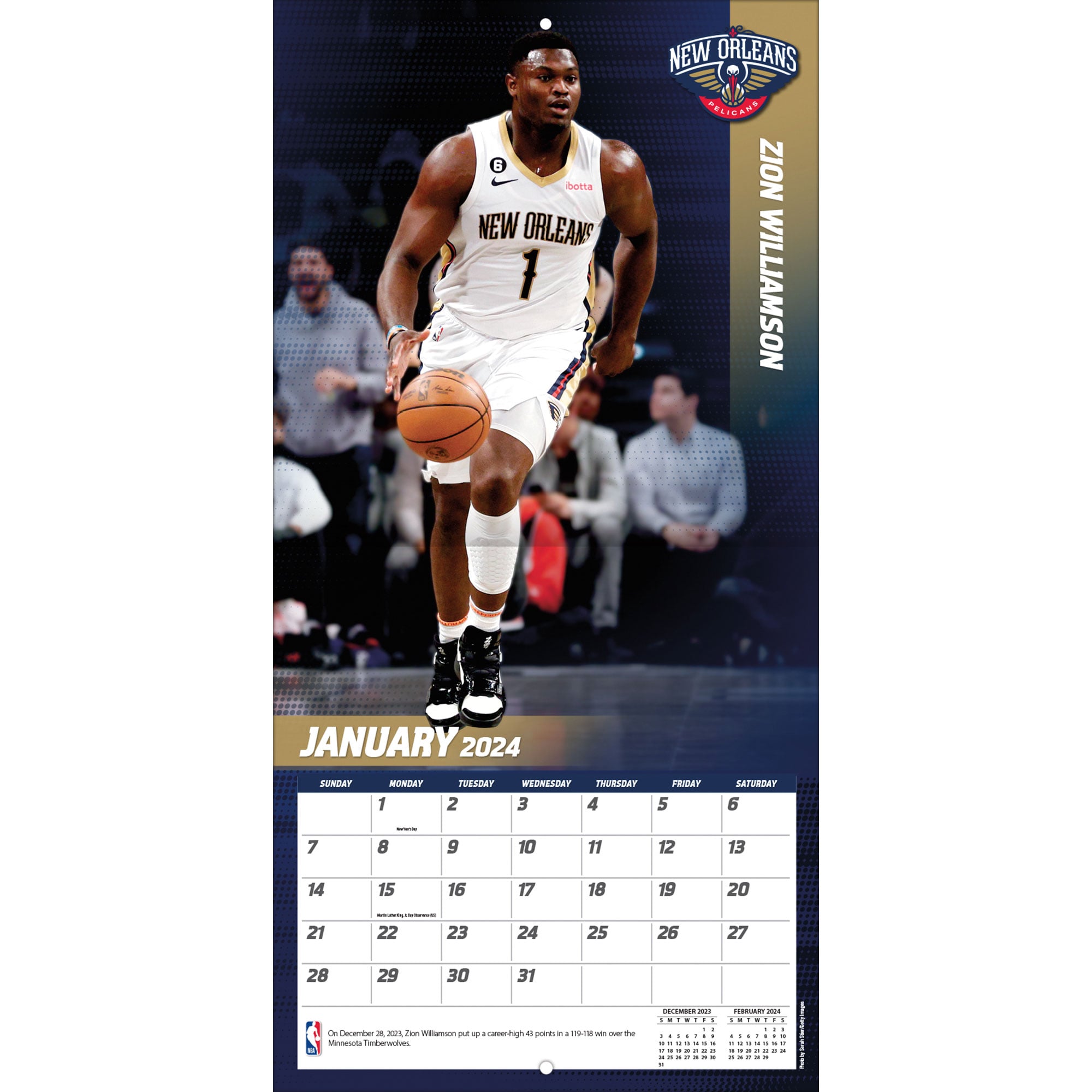 Zion Williamson New Orleans Pelicans 2024 12" x 12" Player Wall Calendar