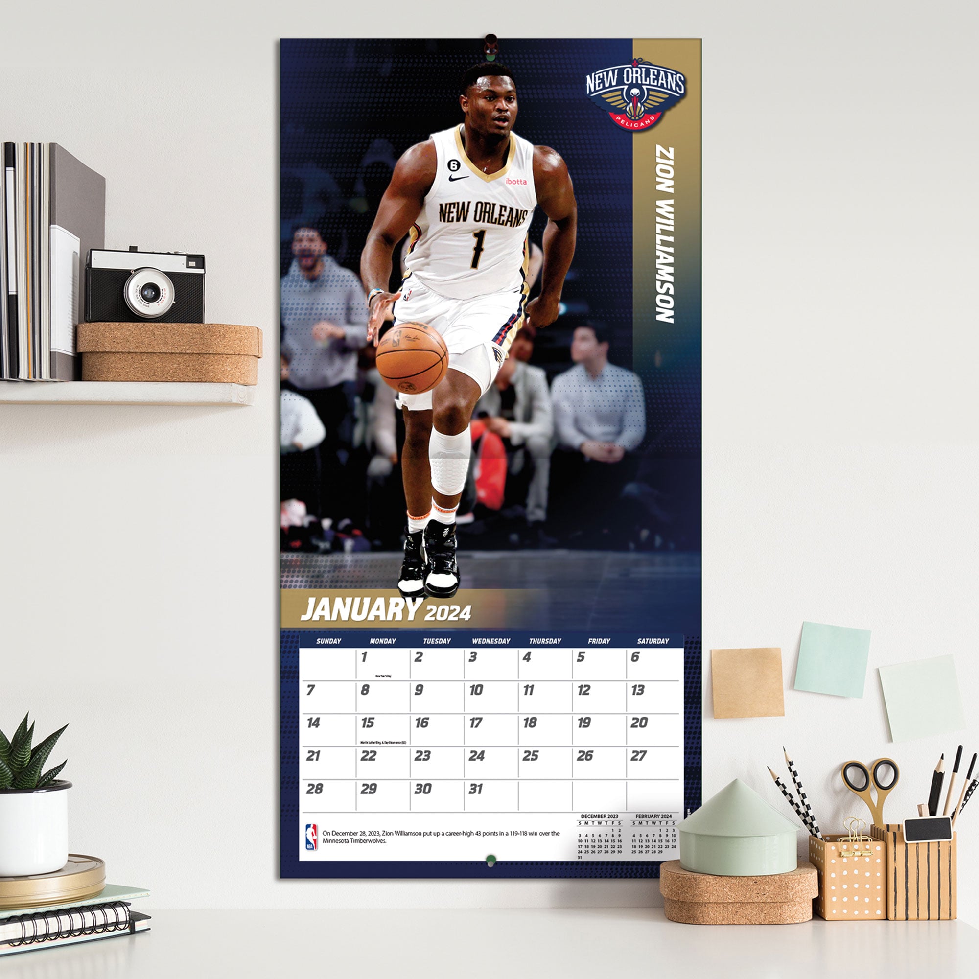 Zion Williamson New Orleans Pelicans 2024 12" x 12" Player Wall Calendar